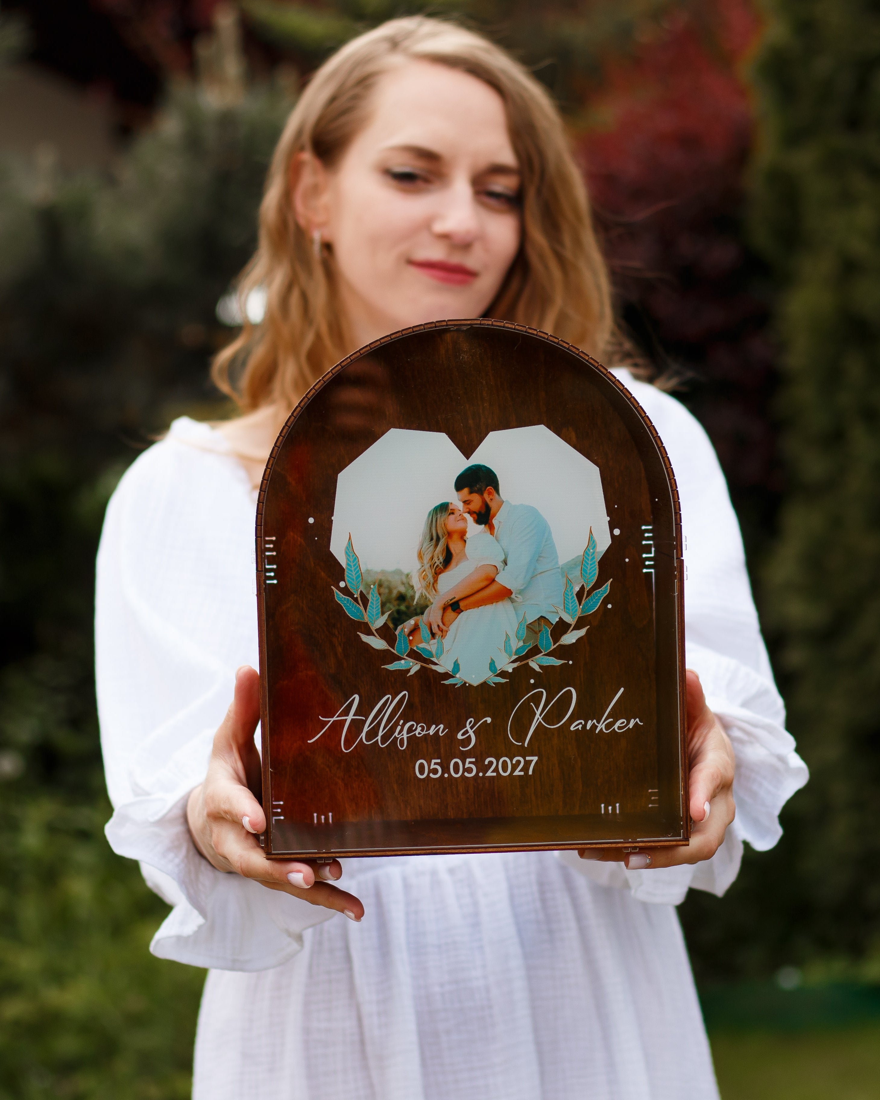 Rustic wedding card holder box with couple photo