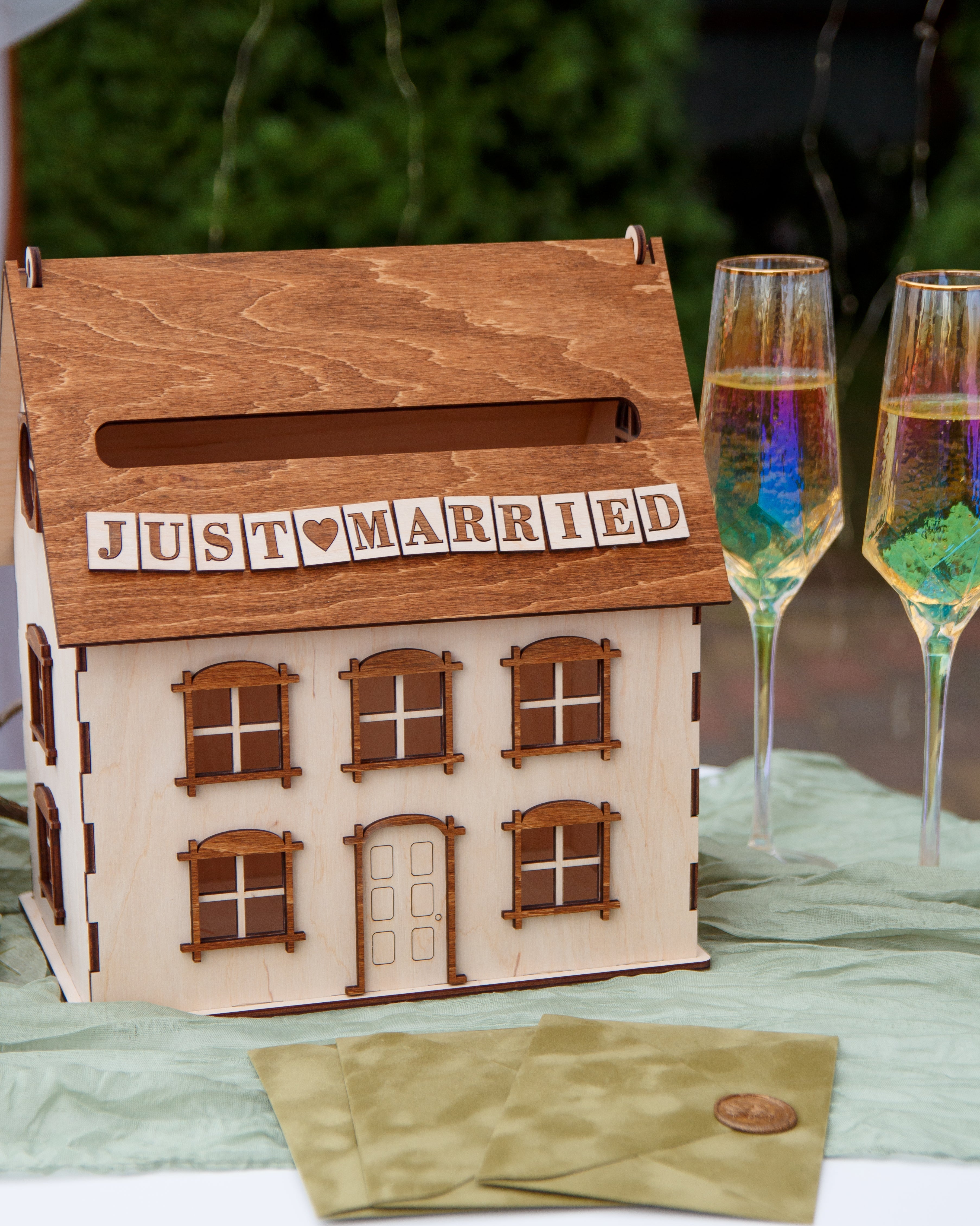 Wedding envelope box wooden house with Just Married sign