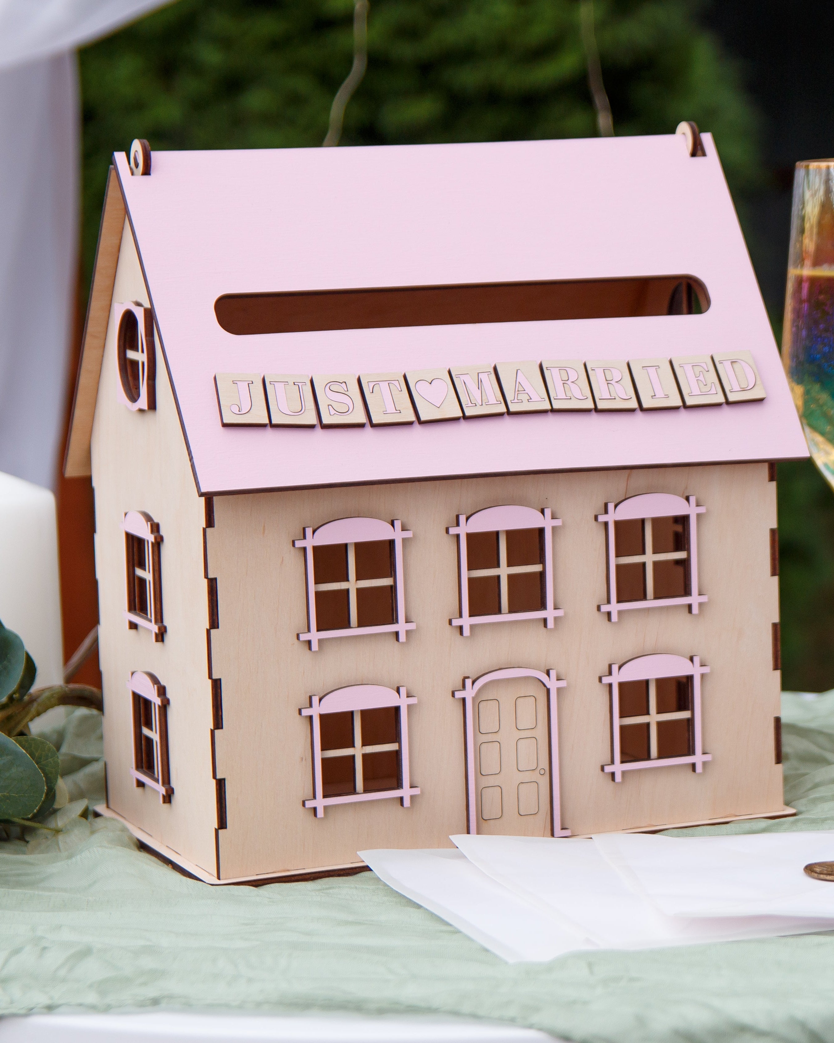 Wooden wedding card box house for envelopes