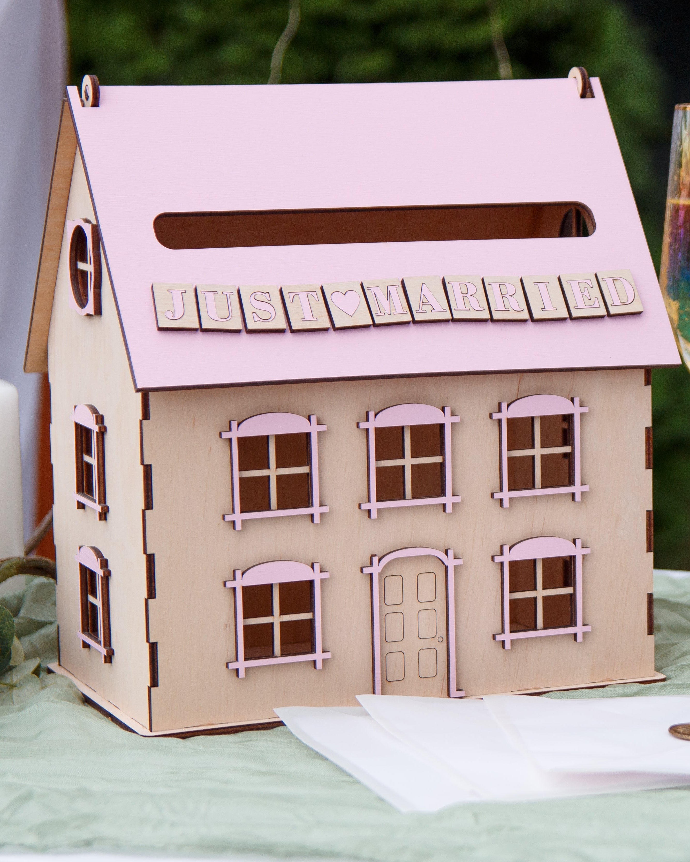 Rustic wooden house card box for wedding gifts