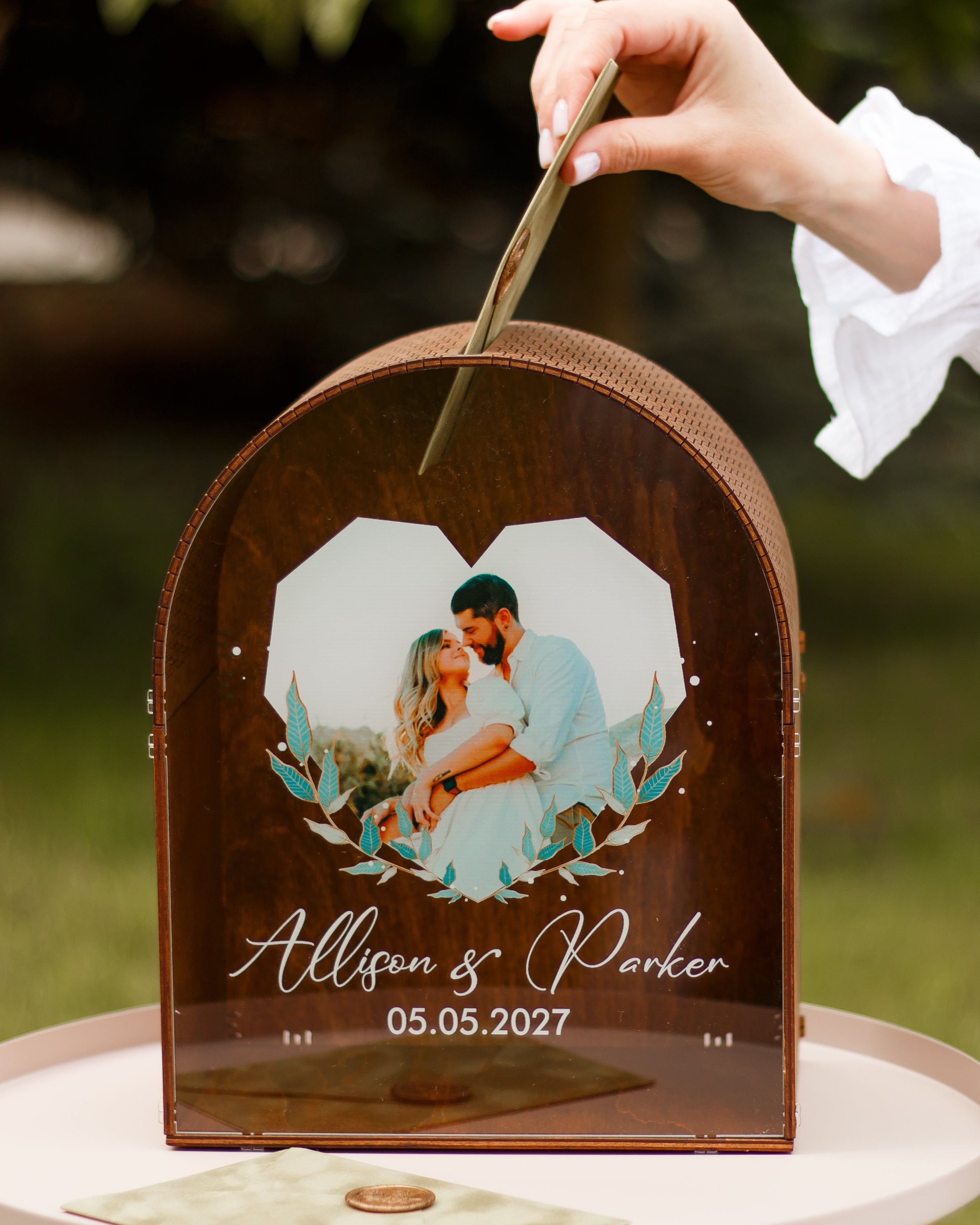 Personalized wooden wedding card box with photo and names