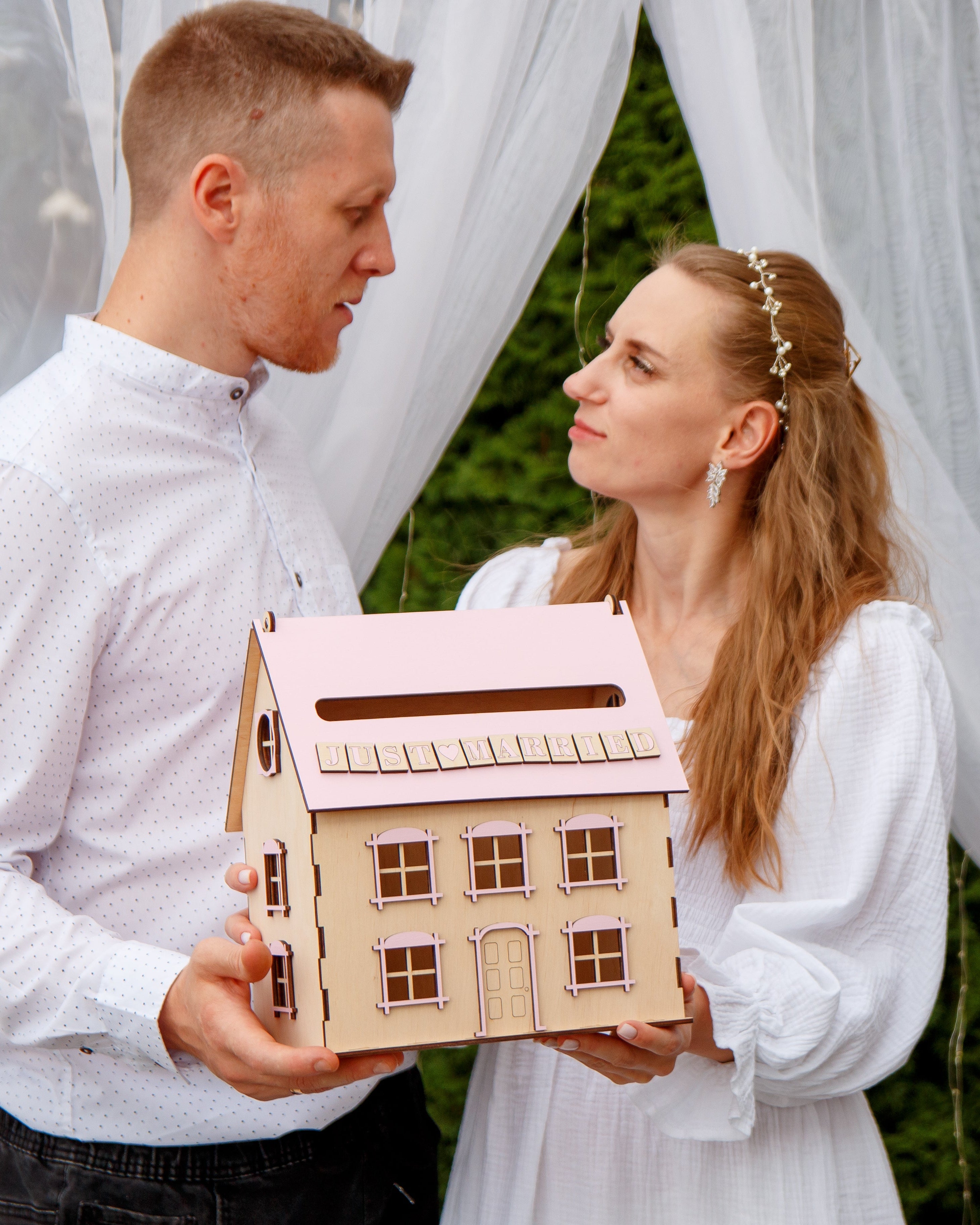 Personalized wooden wedding card box house