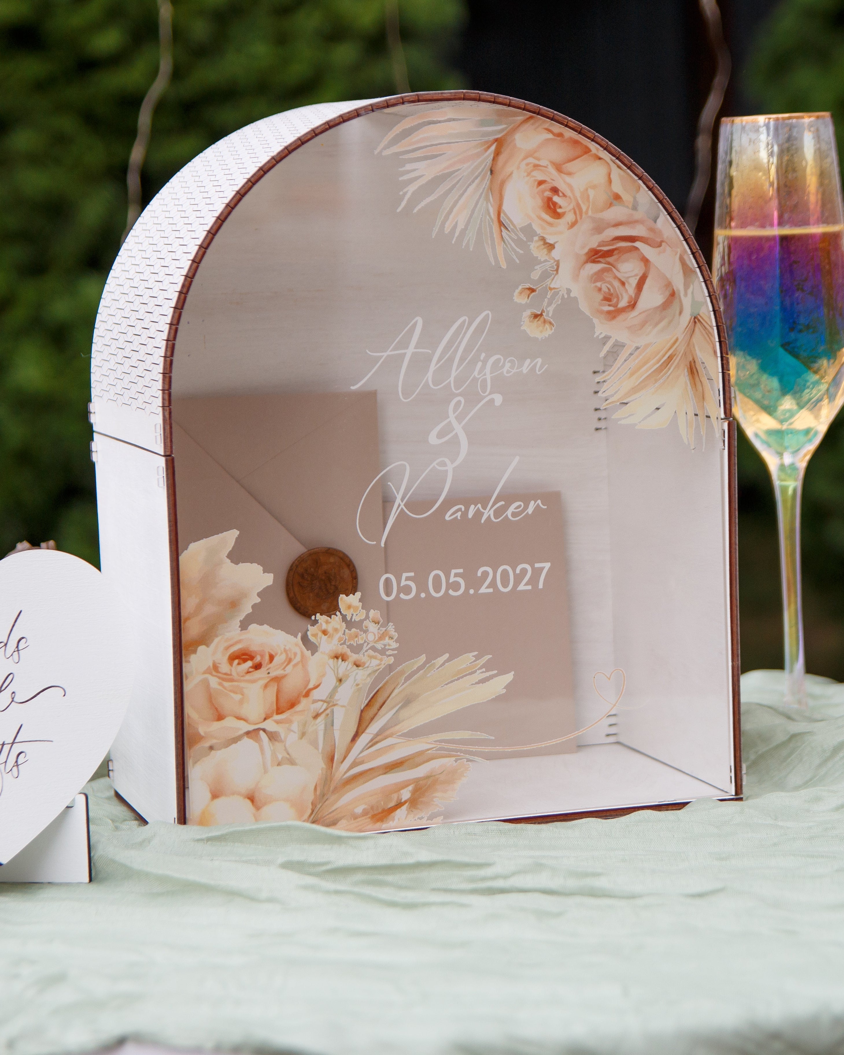 Wooden wedding keepsake box for cards with floral print