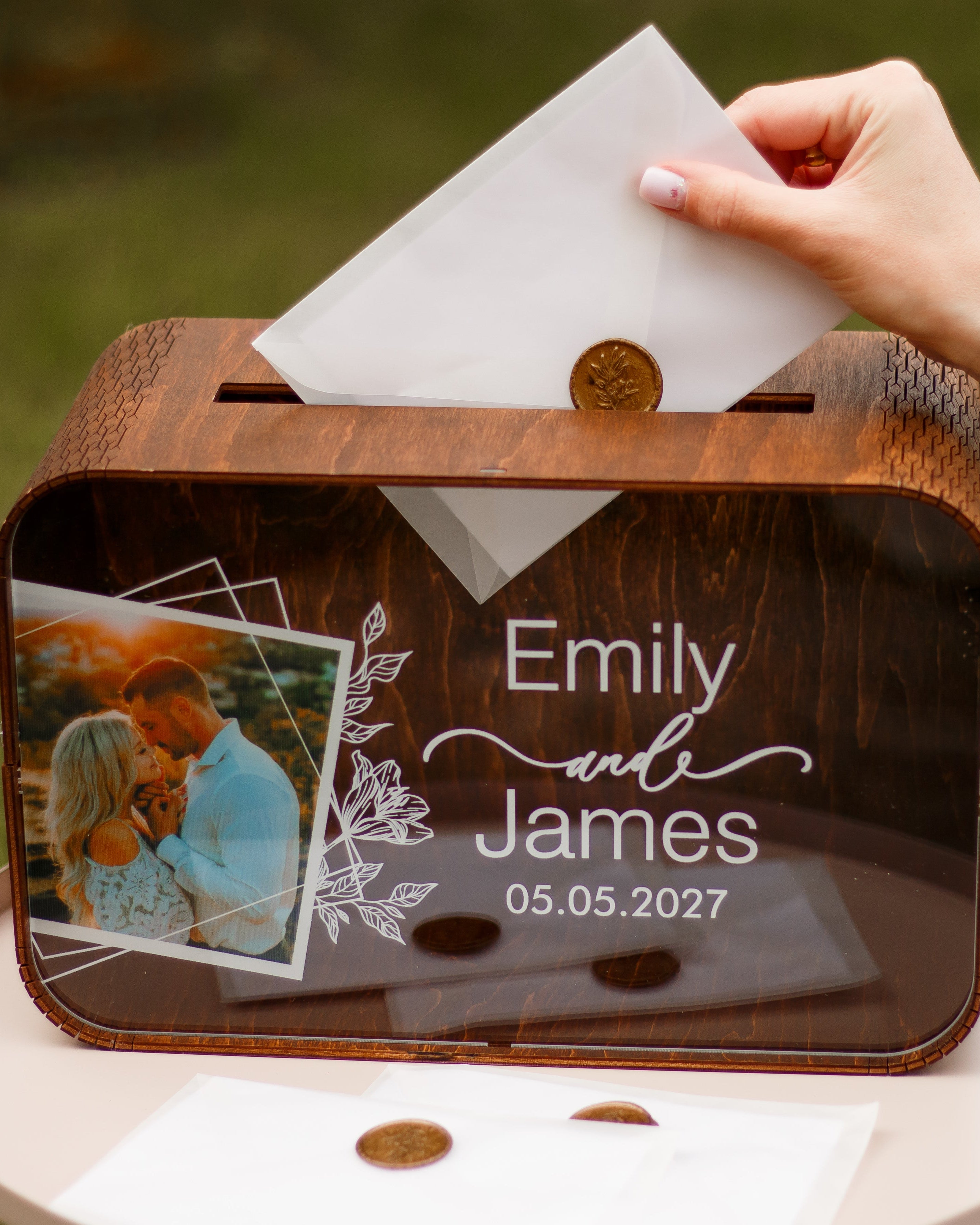 Custom engraved wedding memory box for envelopes