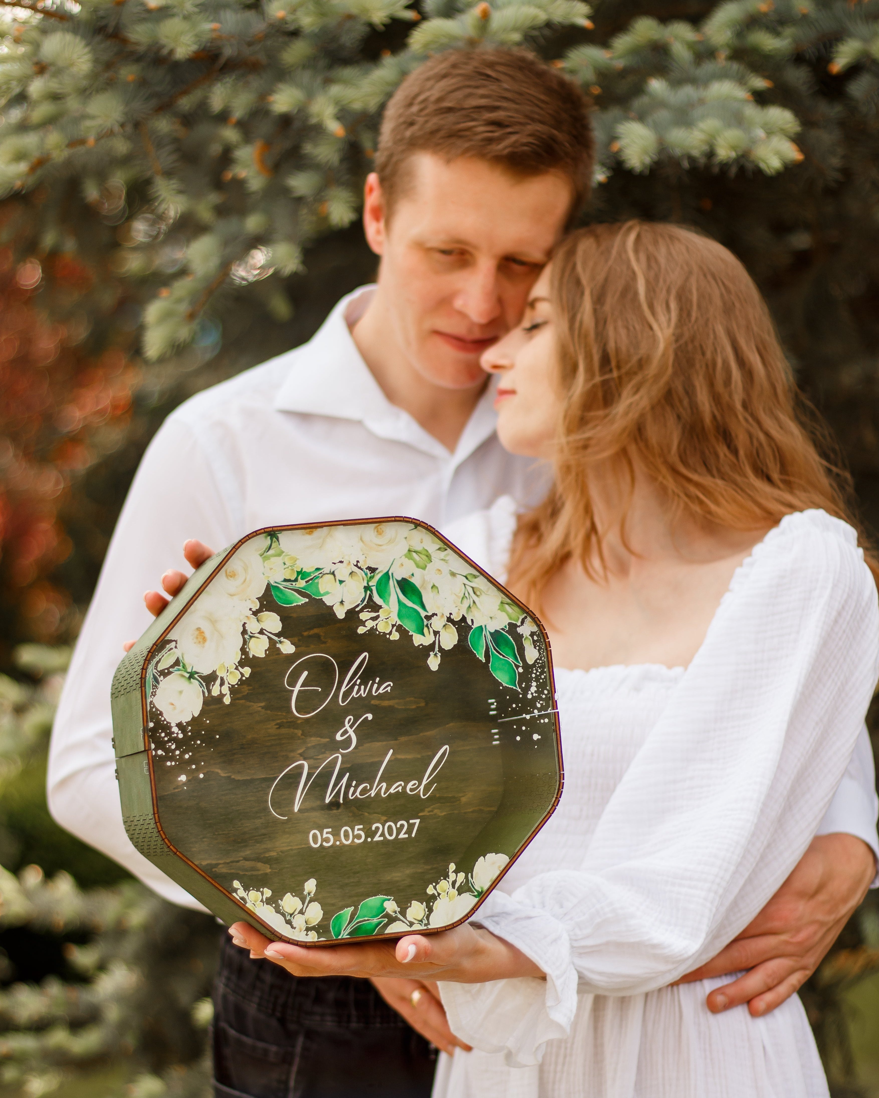Personalized wooden wedding card box with names and date
