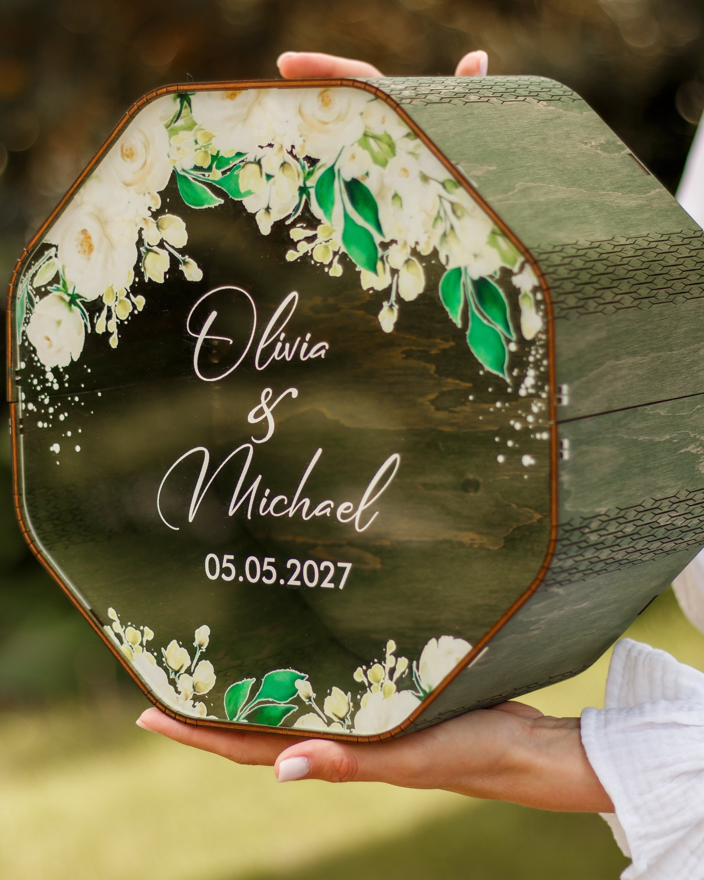 Elegant wedding card collection box with greenery design