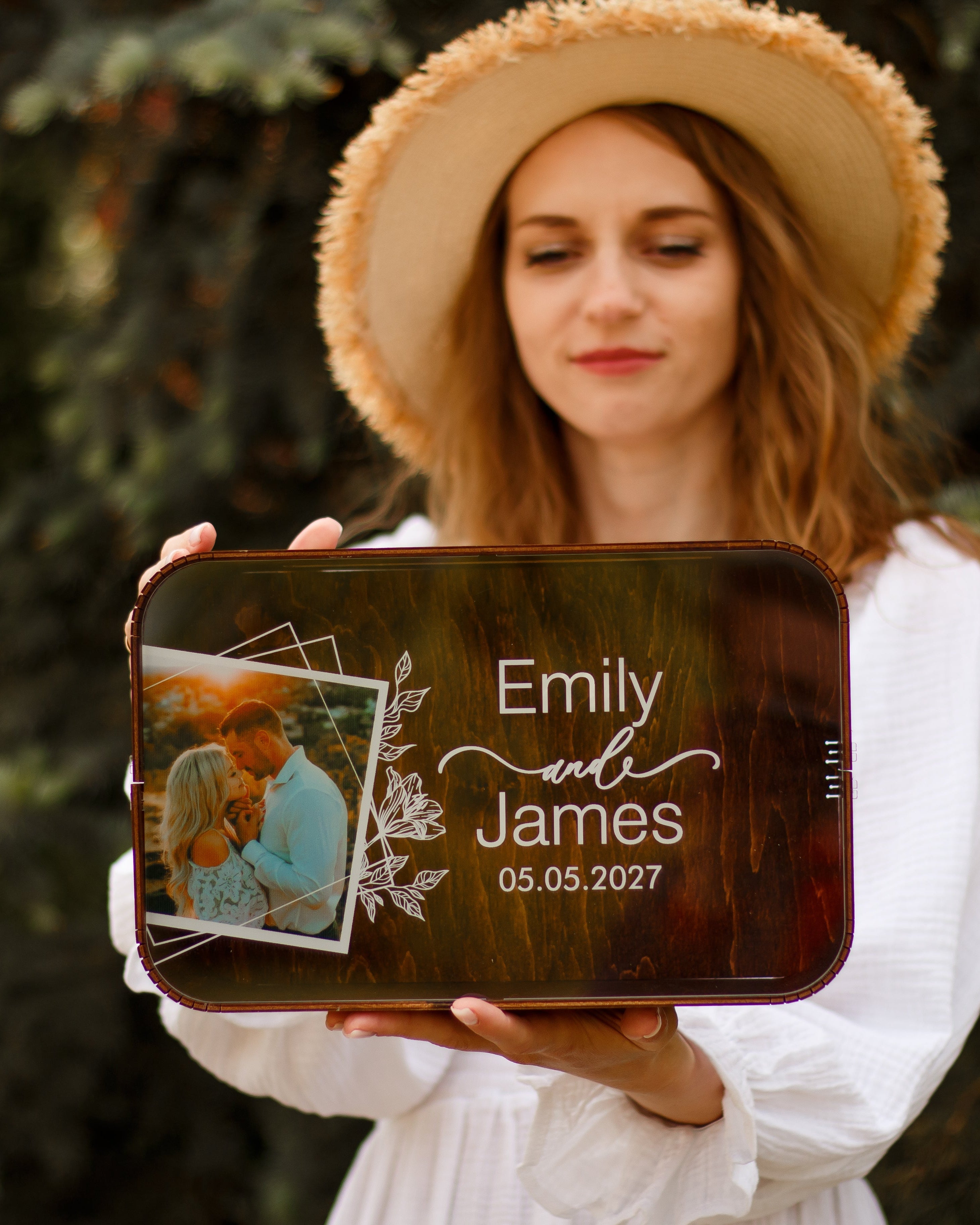 Personalized wooden wedding card box with photo and names