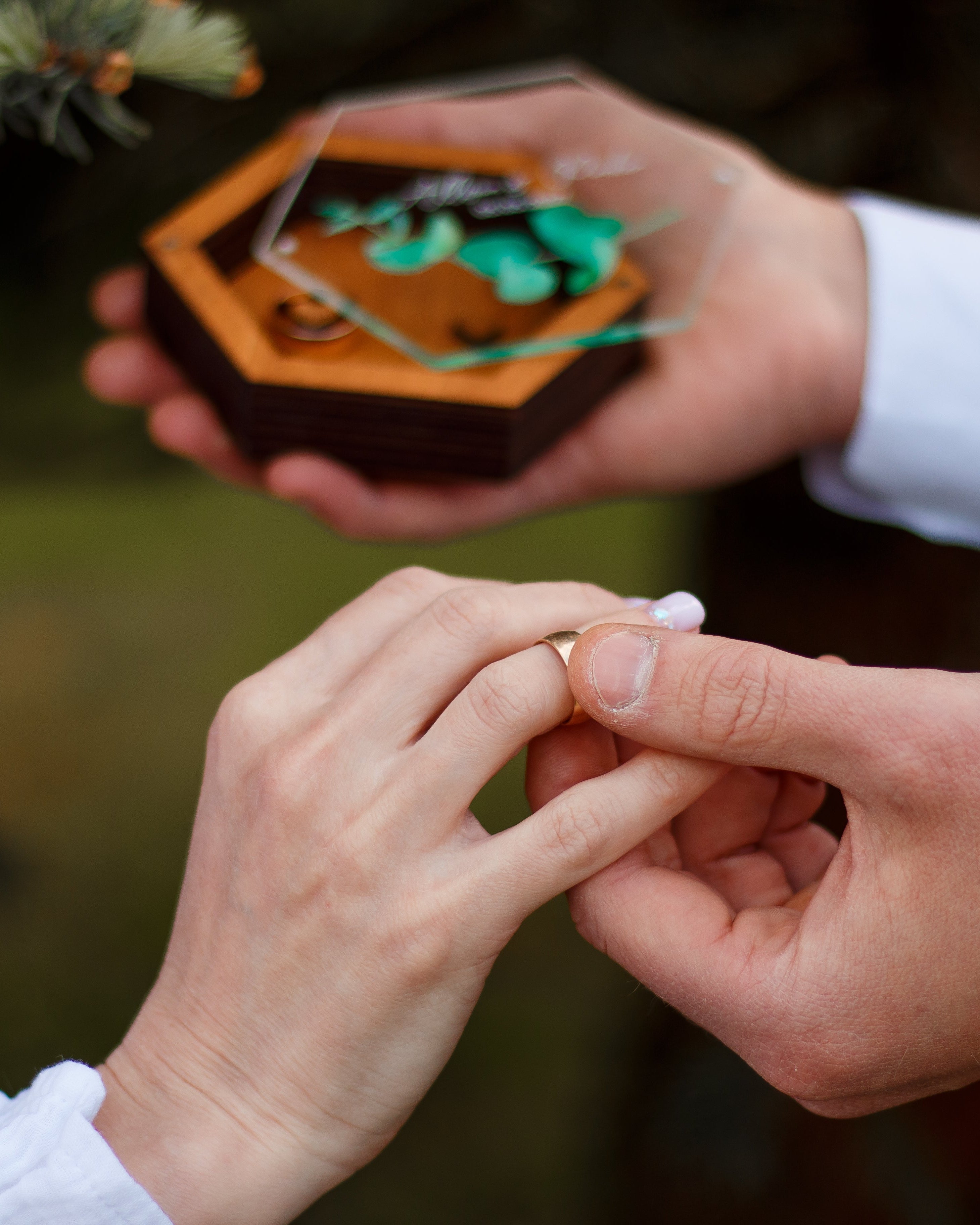 Handcrafted wood ring box with transparent top