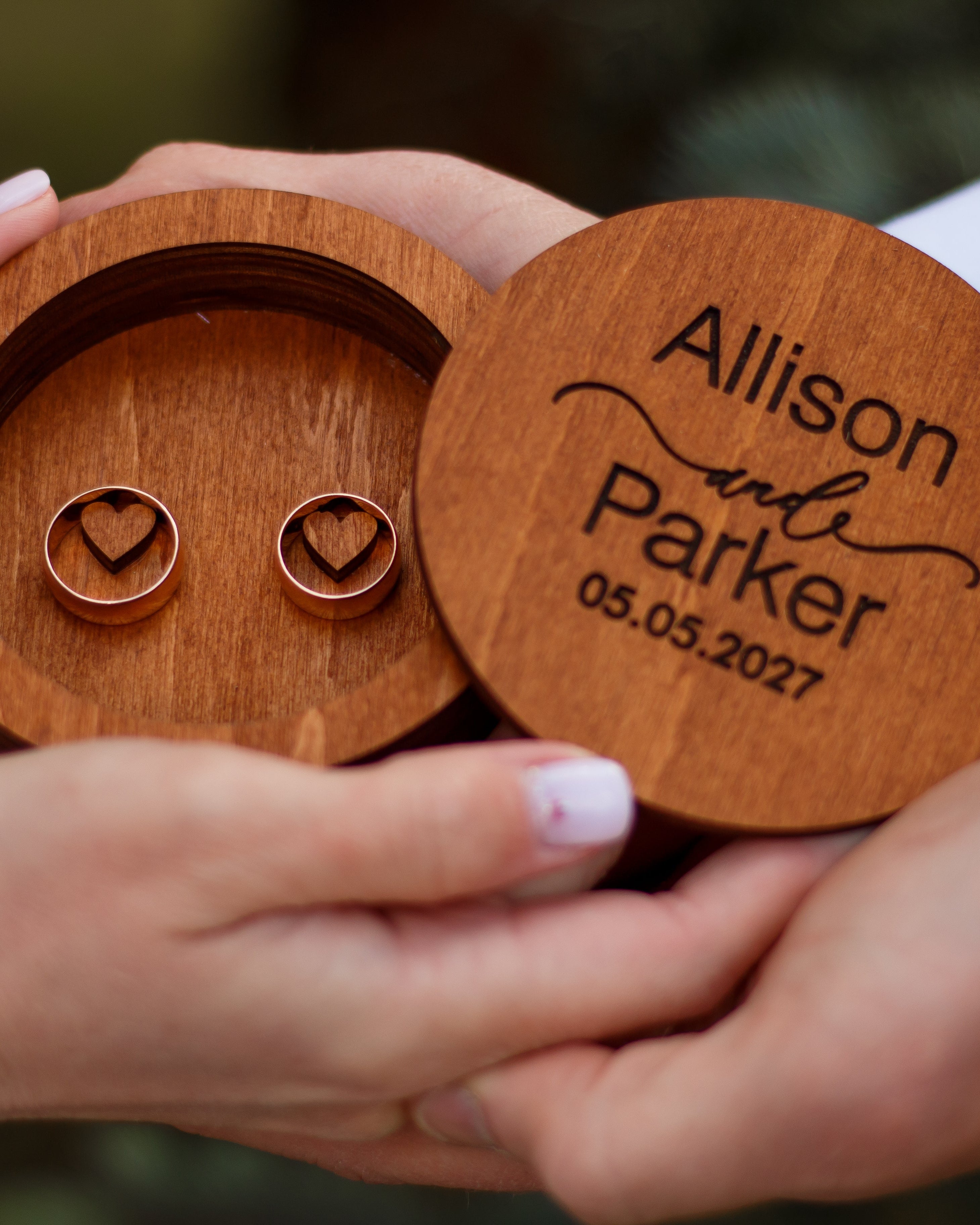Wedding ring box with engraved names and date