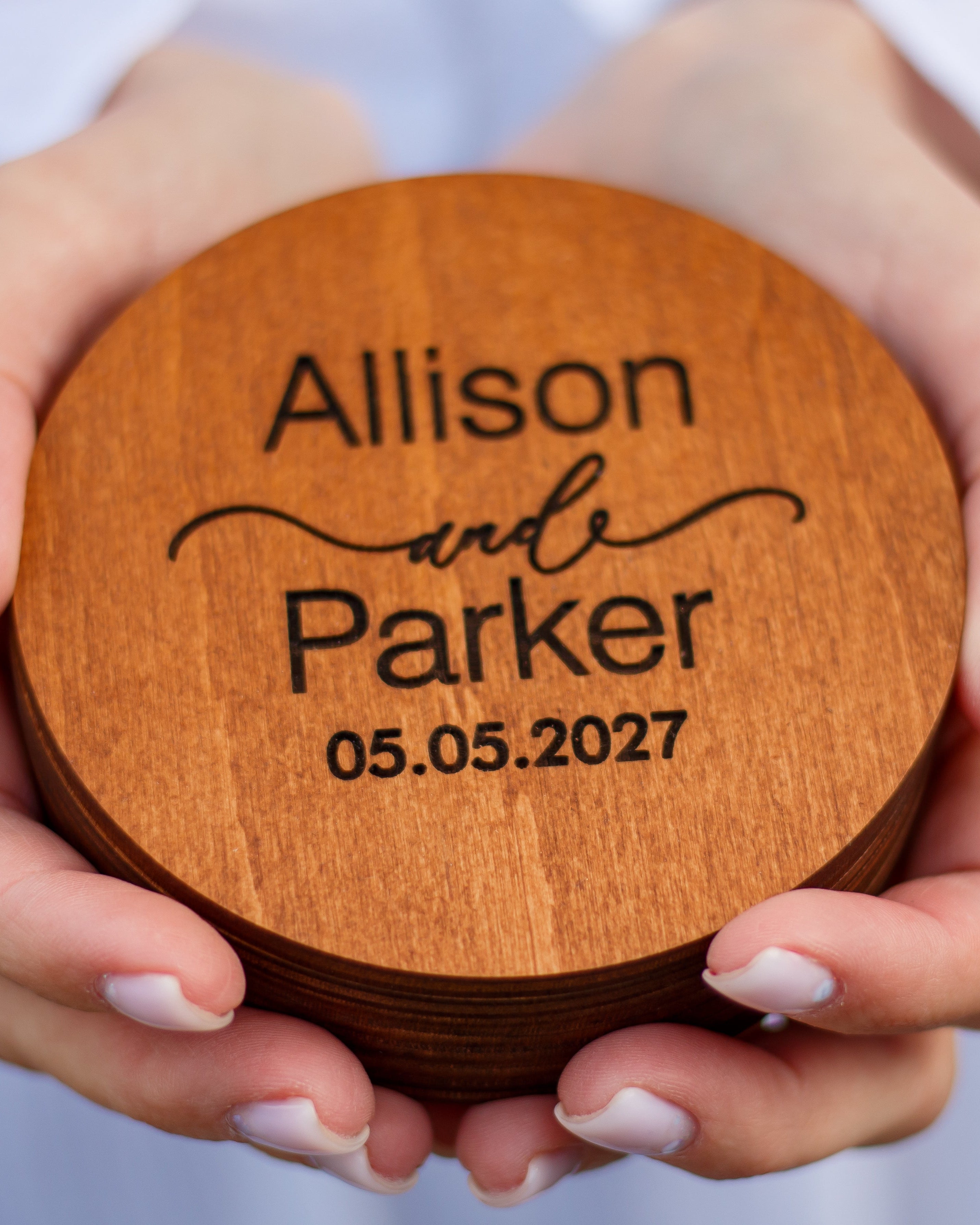 Custom engraved ring box for rustic wedding