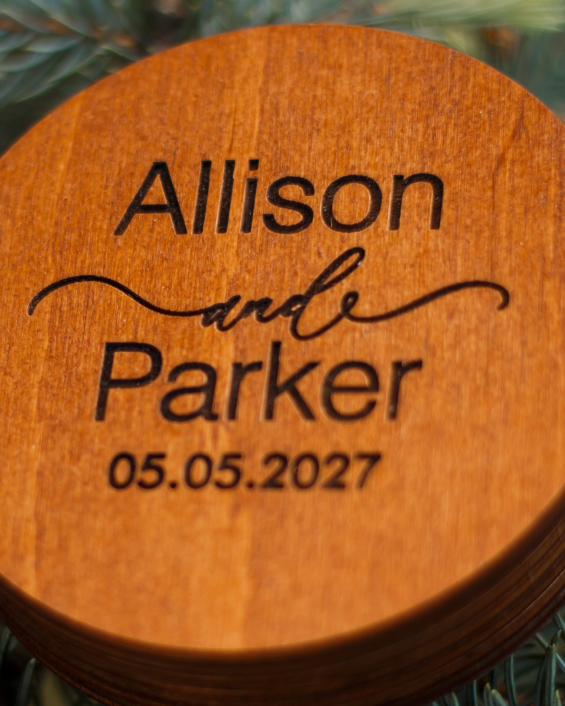 Round wooden ring box for engagement rings