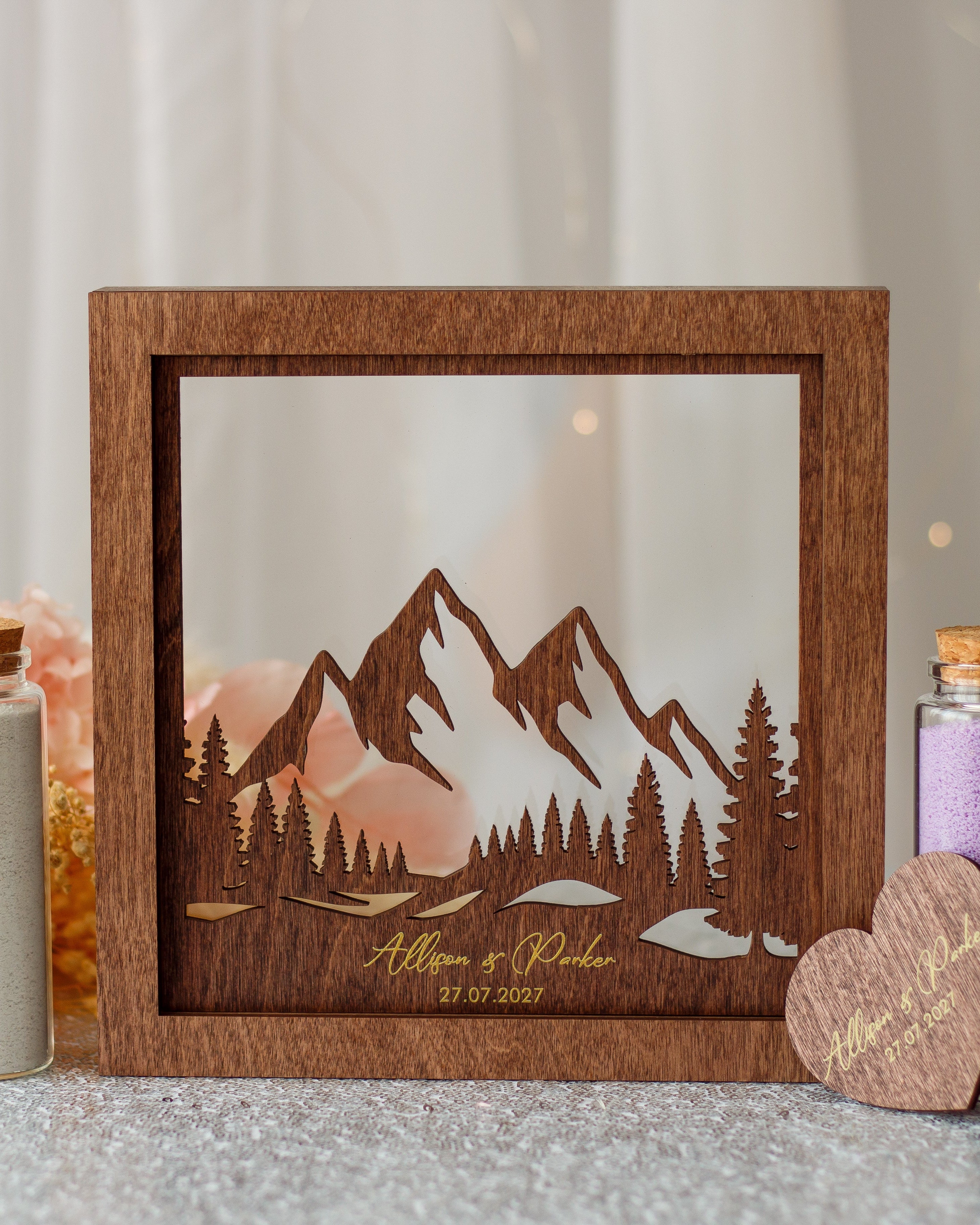 Rustic mountain unity sand frame wedding decor centerpiece
