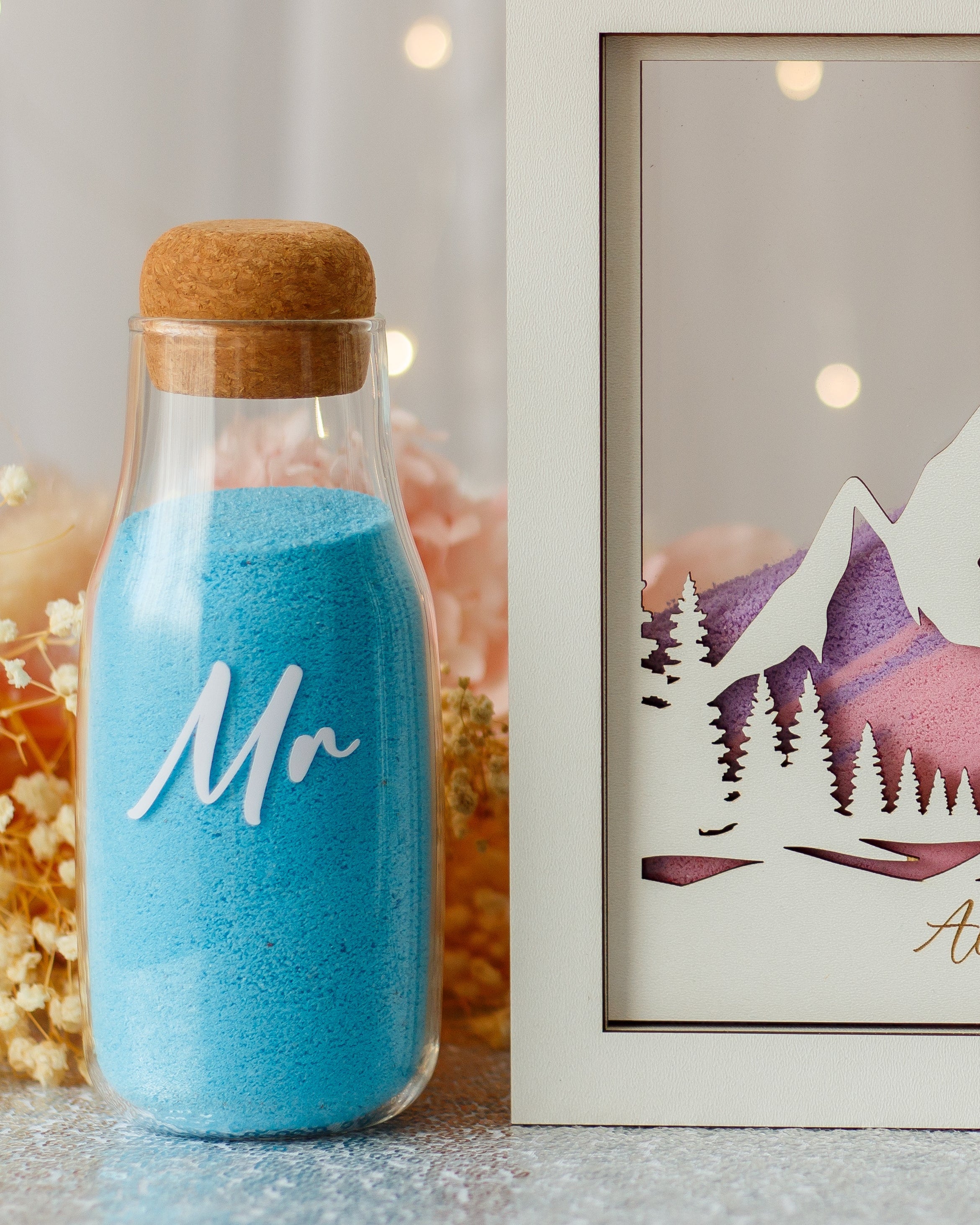 Wooden sand ceremony shadow box mountain forest design