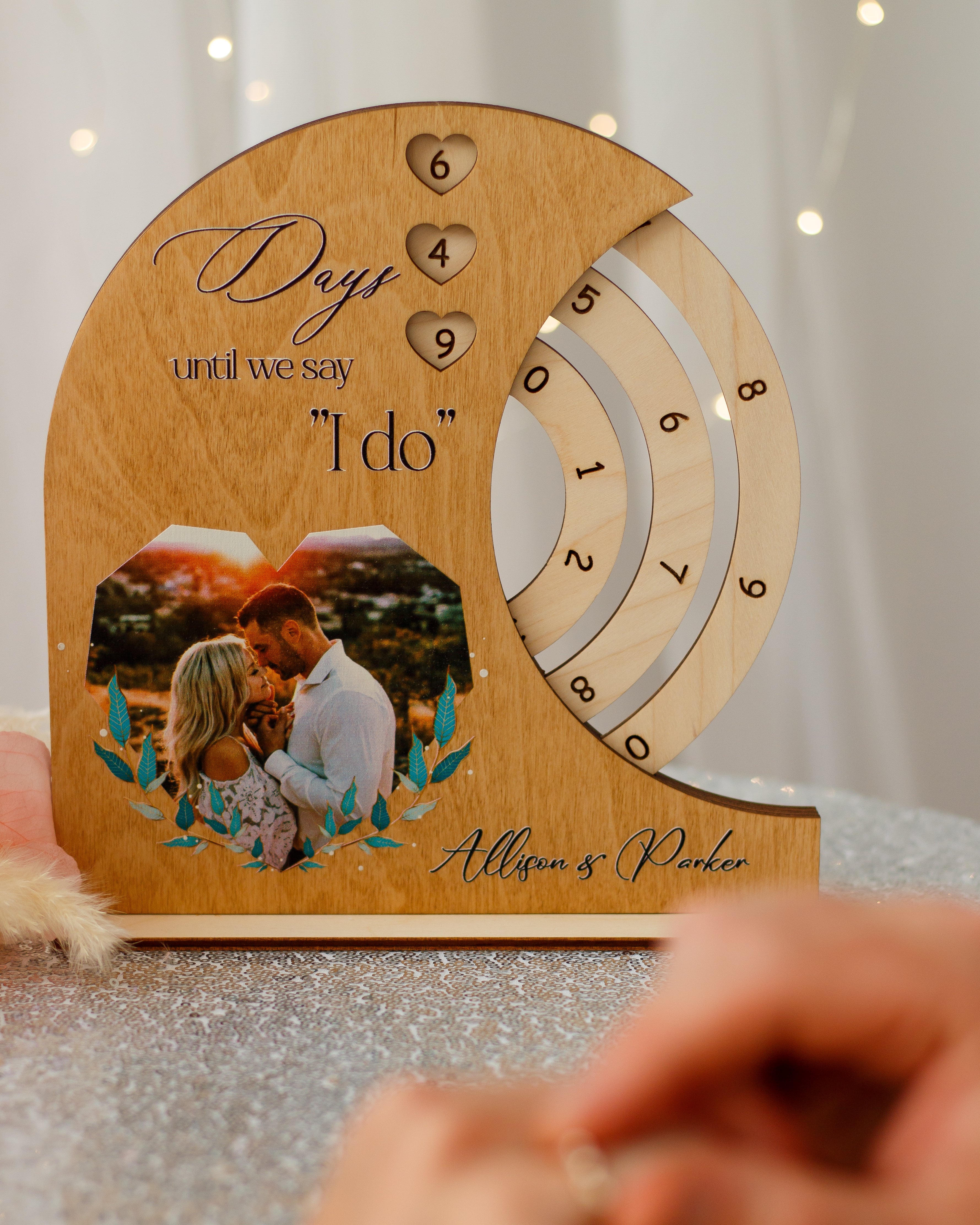 Rustic wedding countdown plaque with couple photo