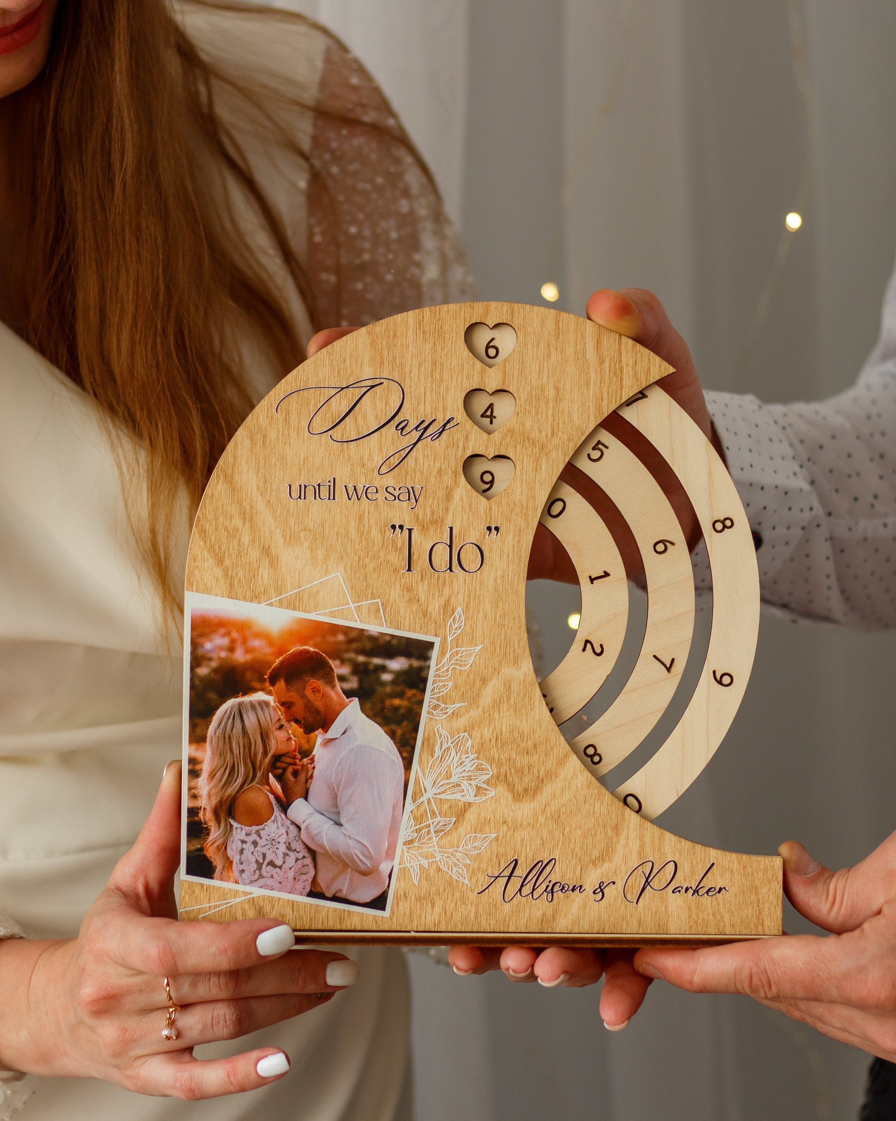 Romantic wooden wedding countdown with names and date