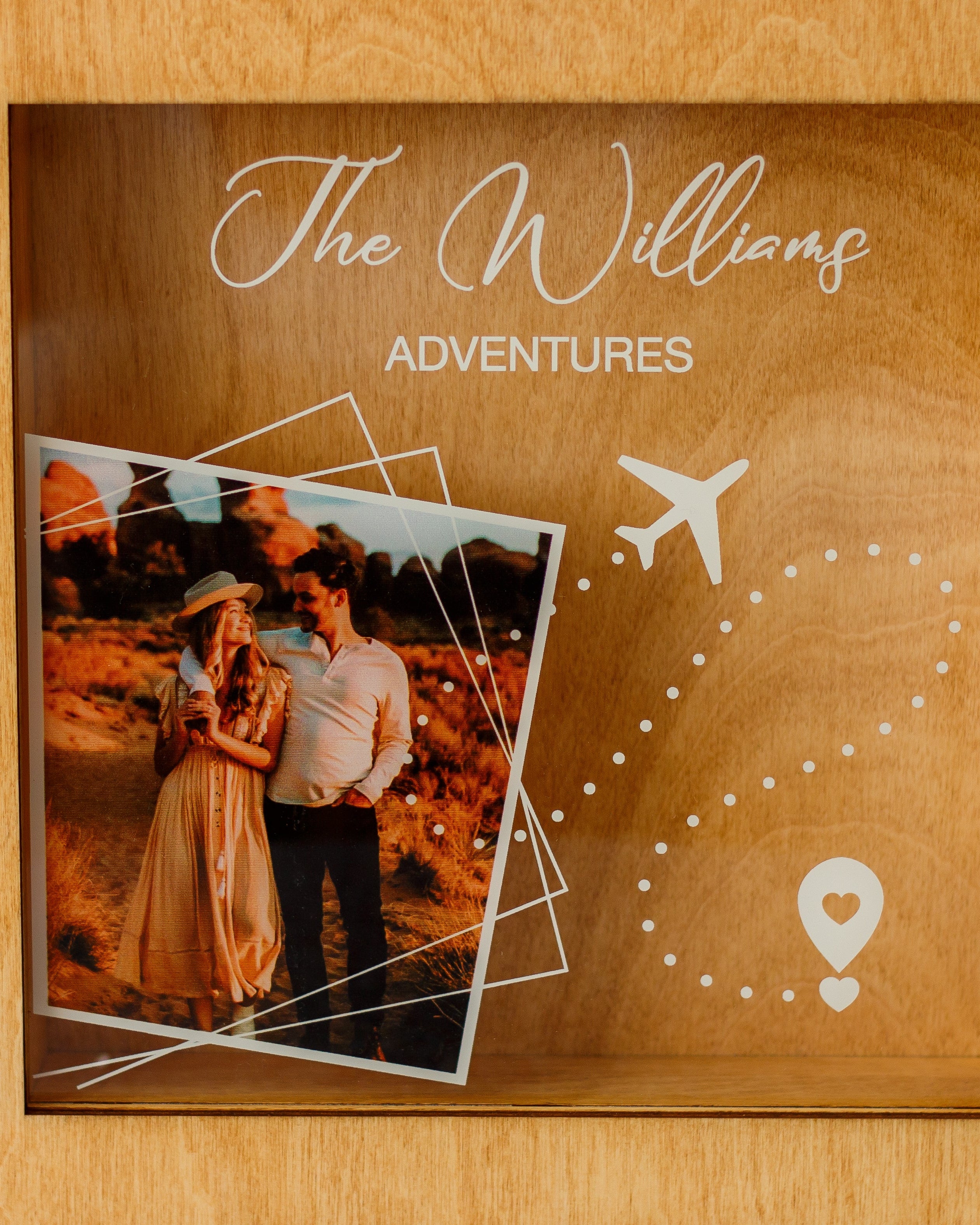 Custom travel keepsake box with names and photo