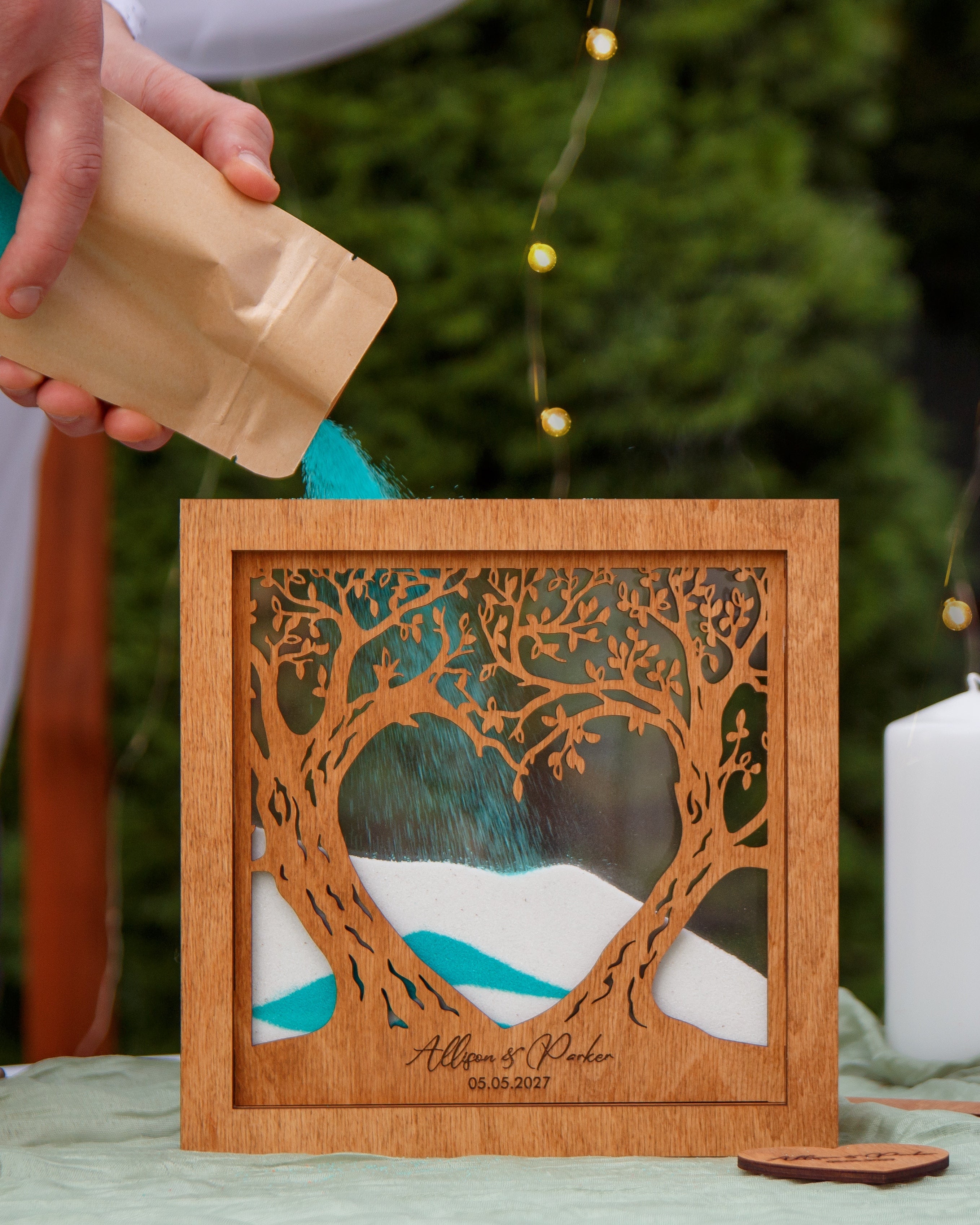 Neutral wedding decor unity sand ceremony frame with heart design
