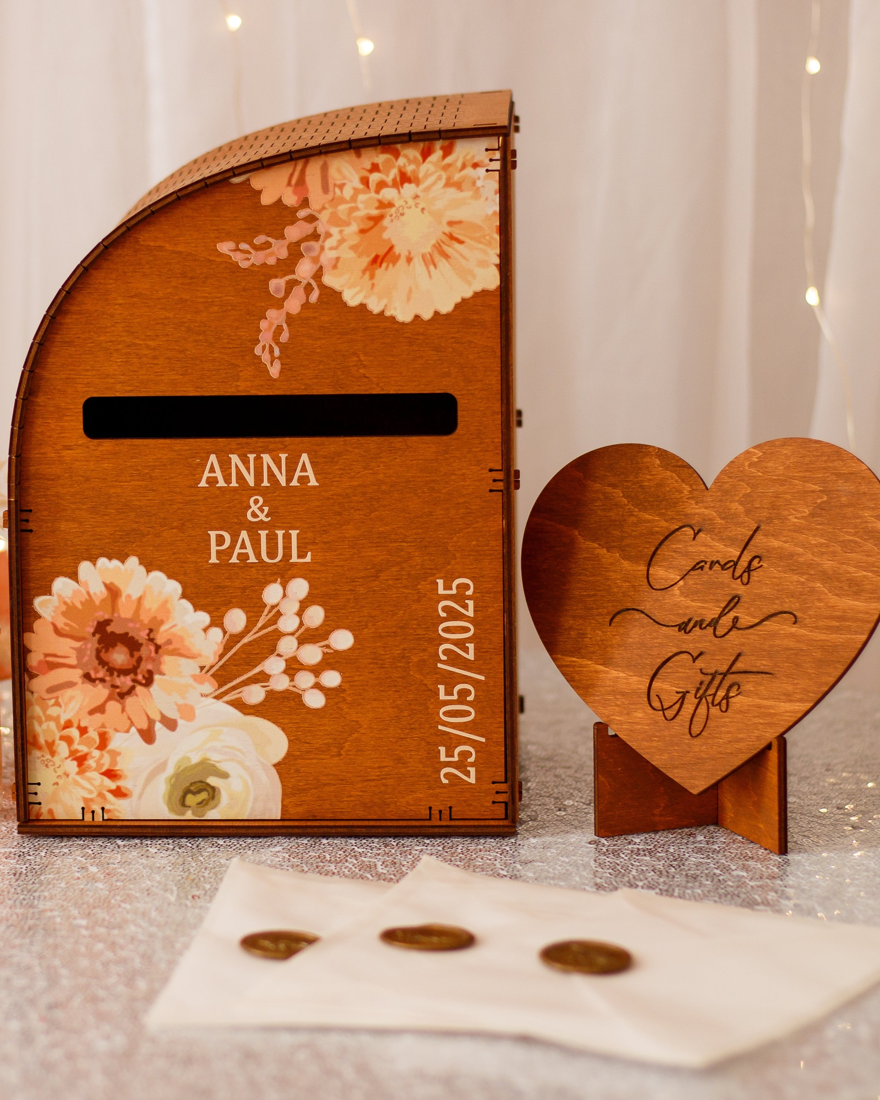 Personalized wooden wedding money box for reception cards