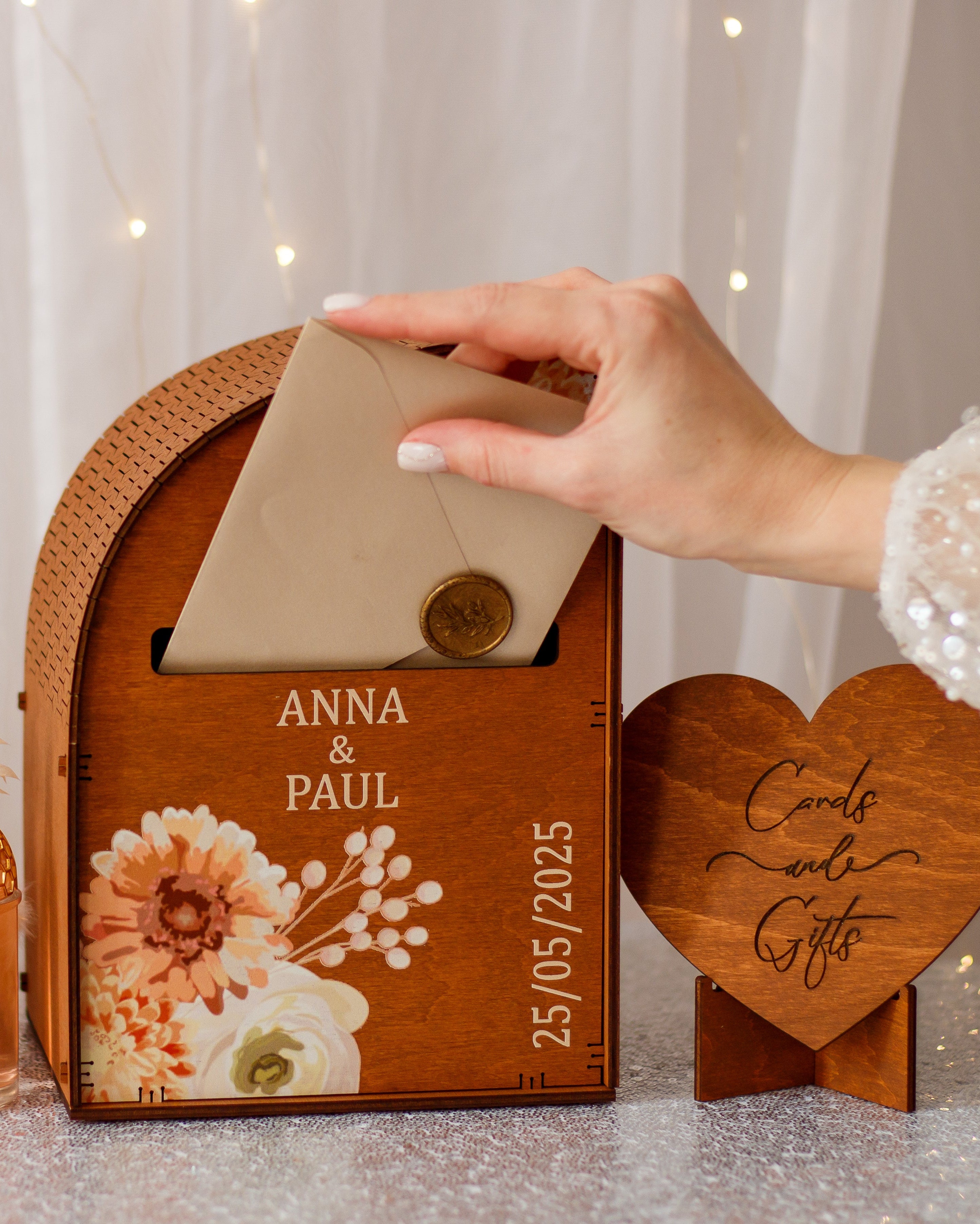 Wooden wedding card box with personalized names and date