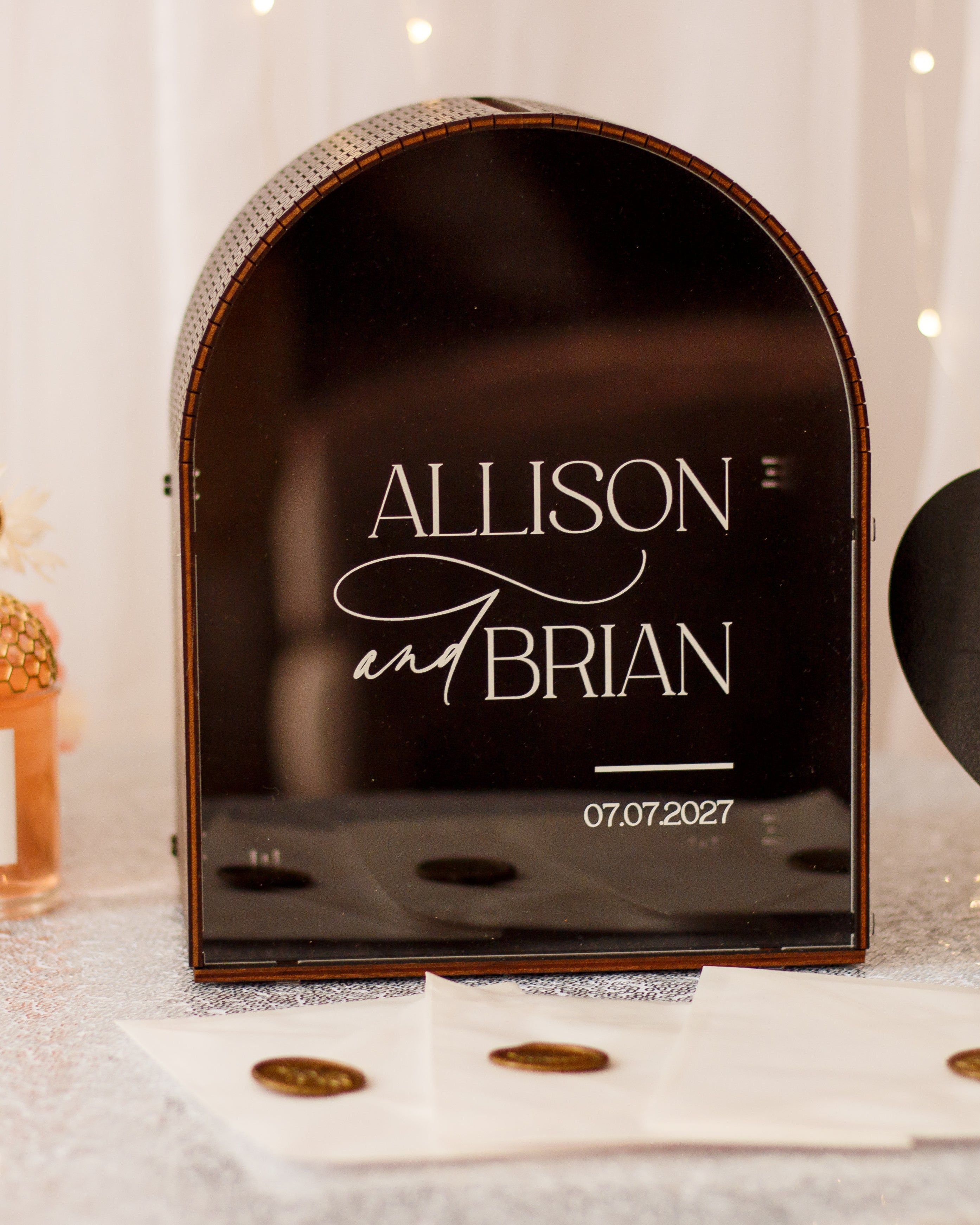 Wooden money gift box for wedding reception