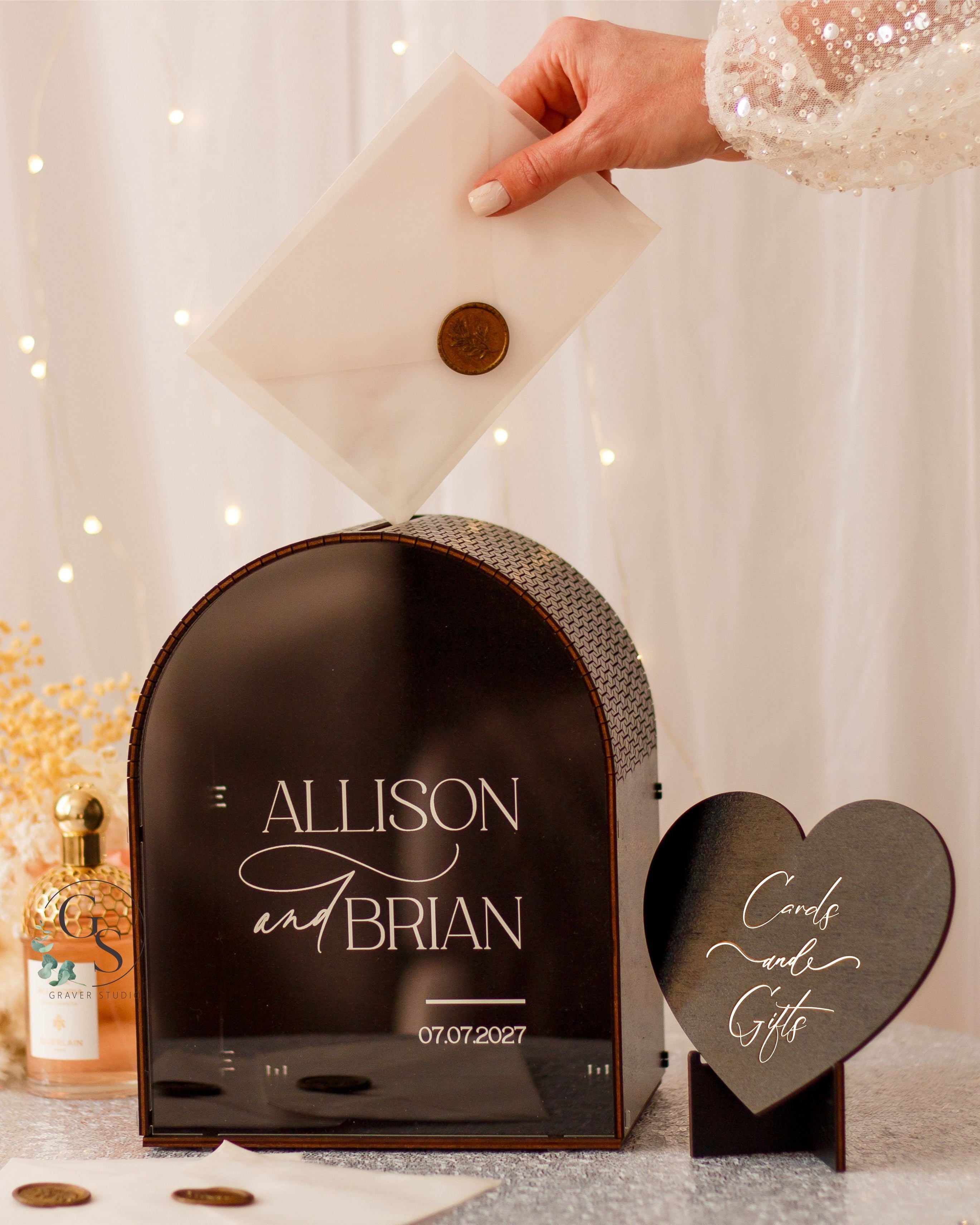 Personalized wooden wedding card box for envelopes