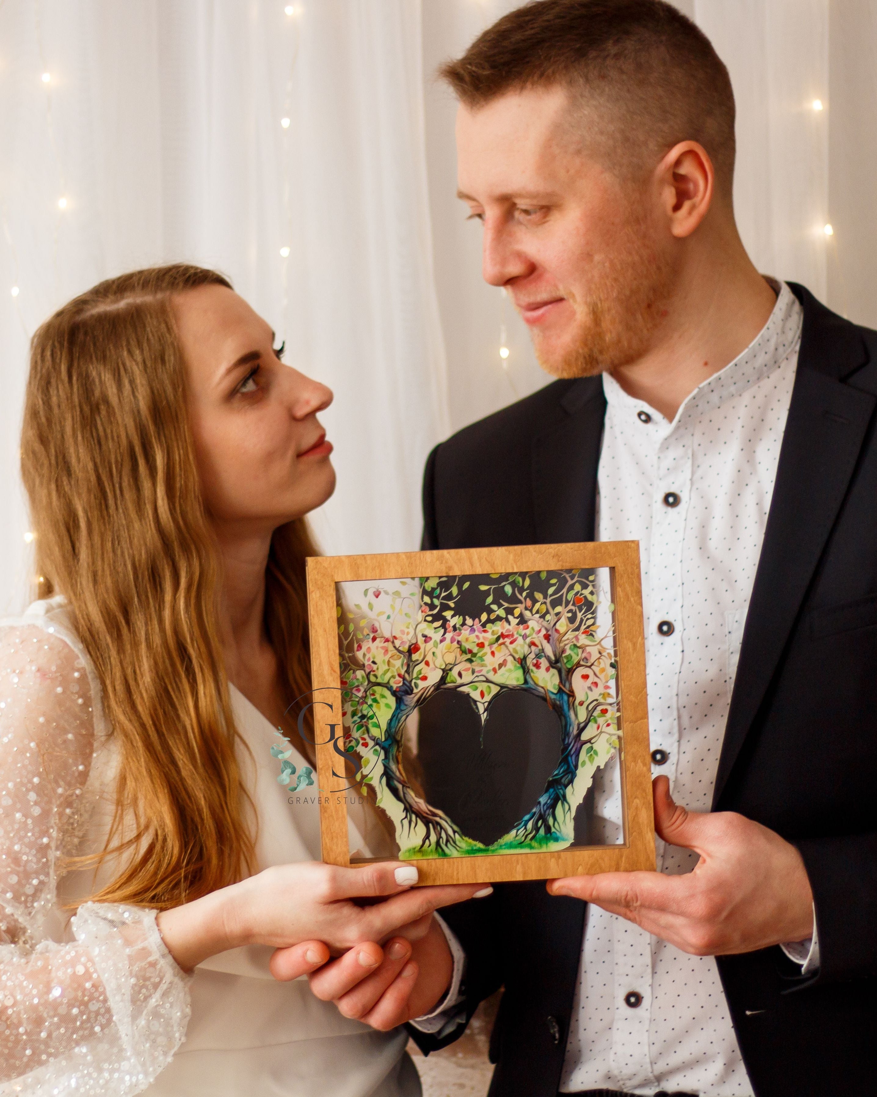 Personalized wedding sand ceremony frame with heart tree design for unity ceremony