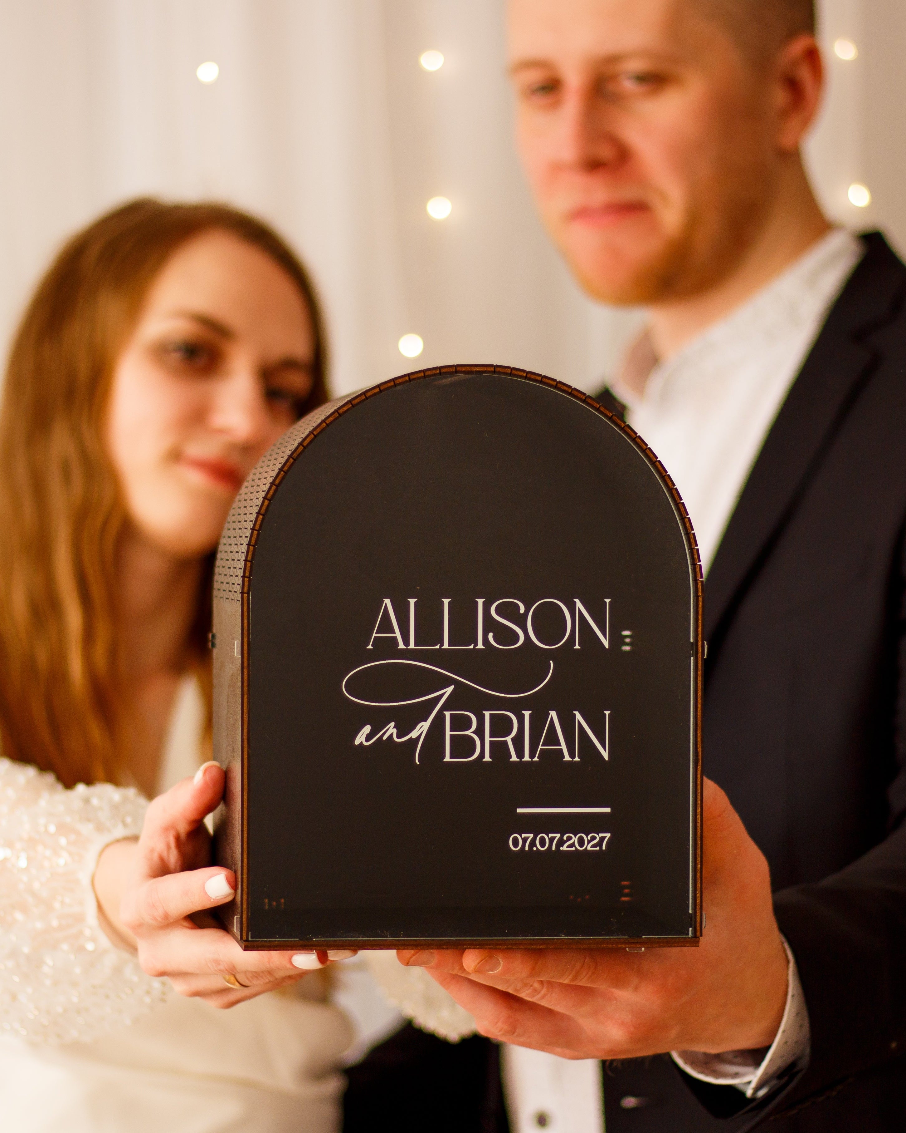 Rustic wooden wedding envelope box with acrylic front