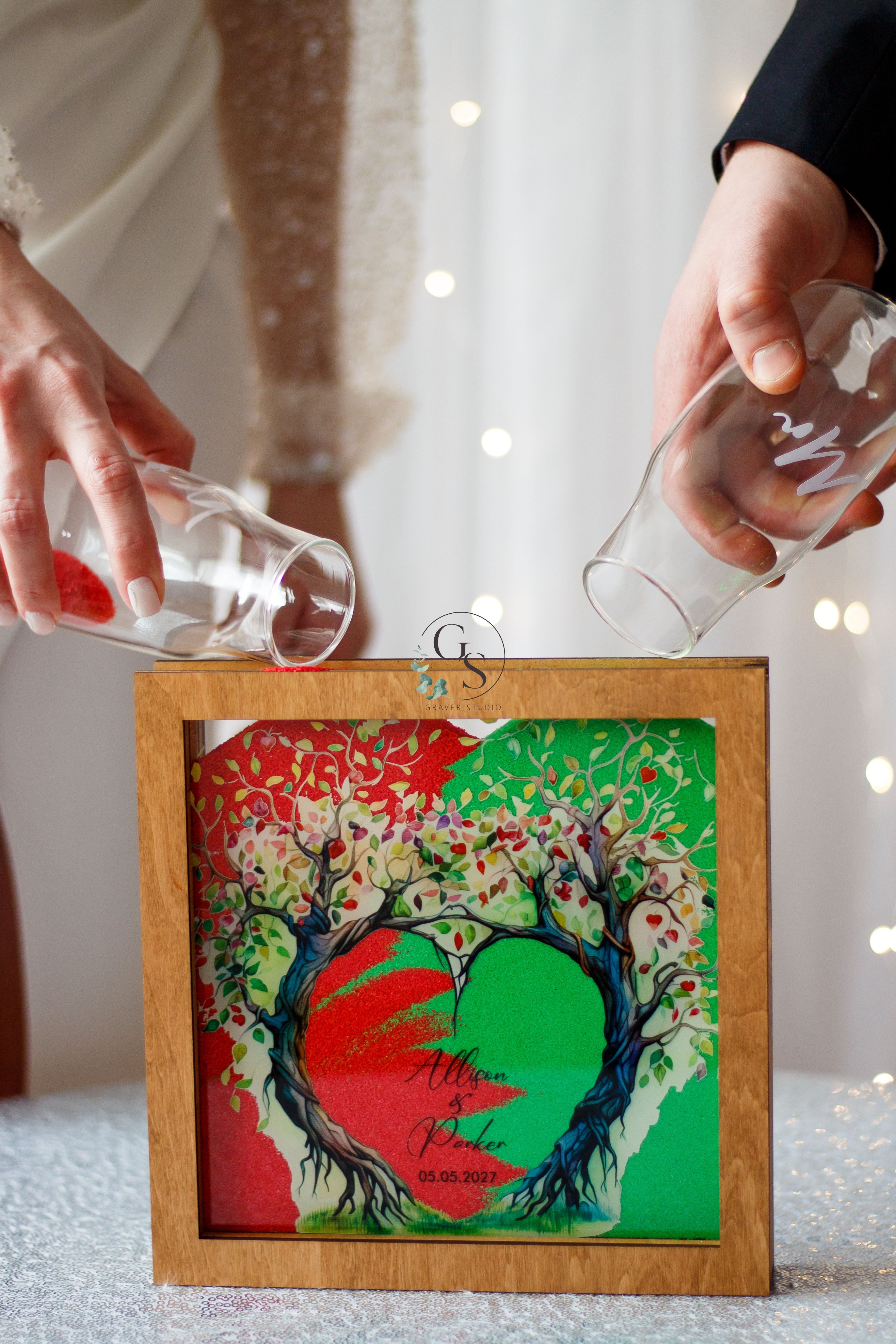 Elegant wedding sand ceremony frame with personalized names and date