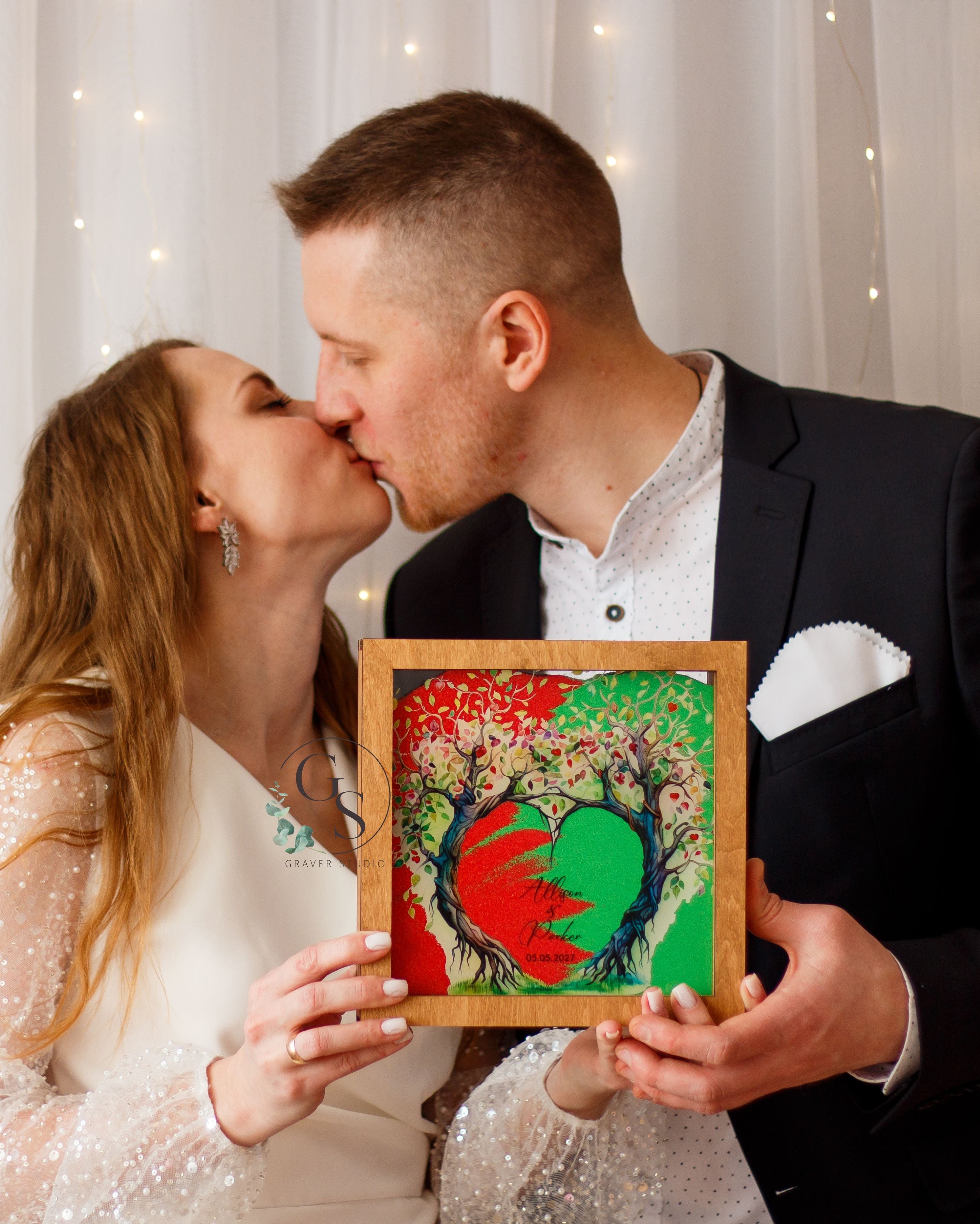 Neutral wedding decor unity sand ceremony frame with heart design