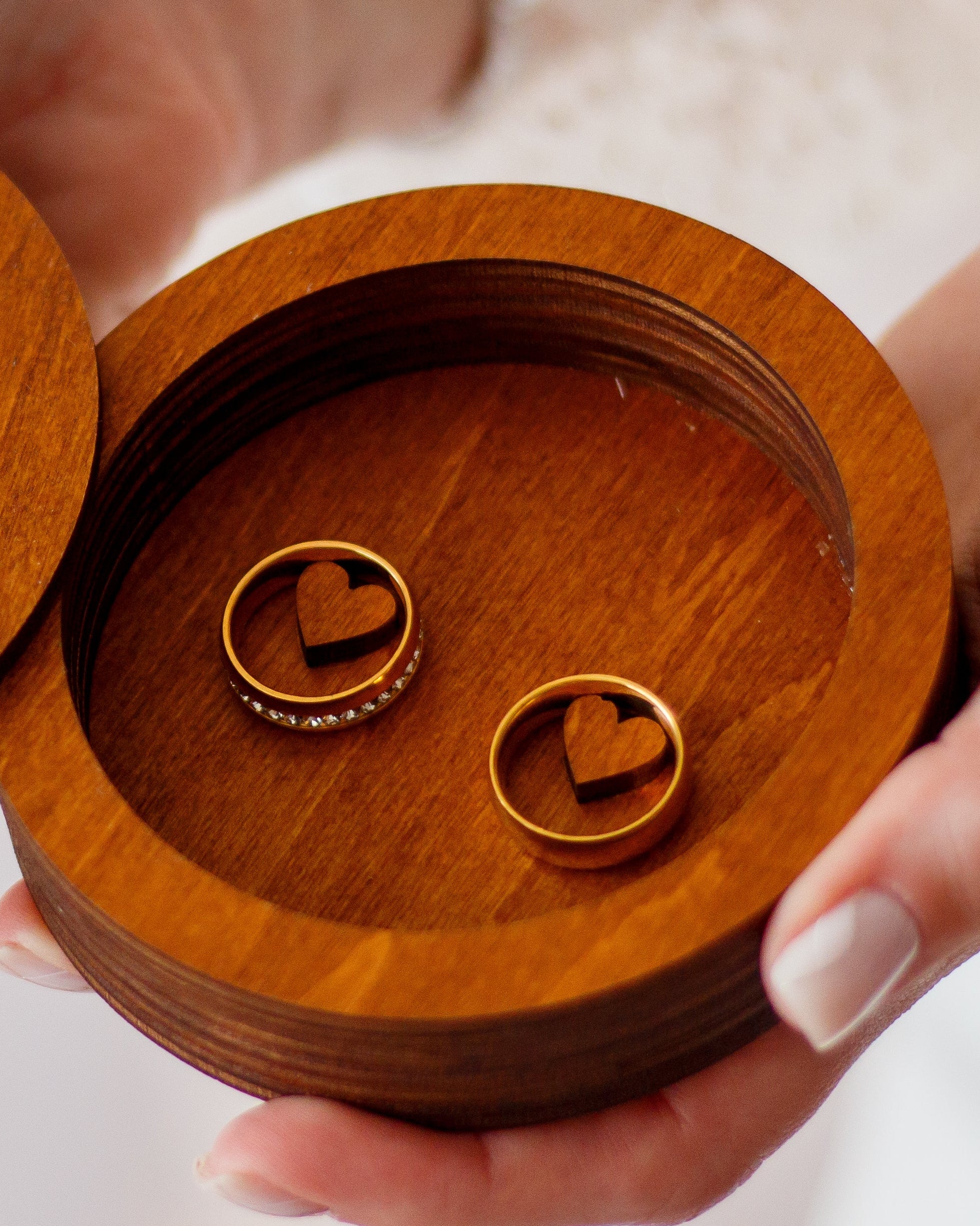 Custom round wooden ring holder with engraving