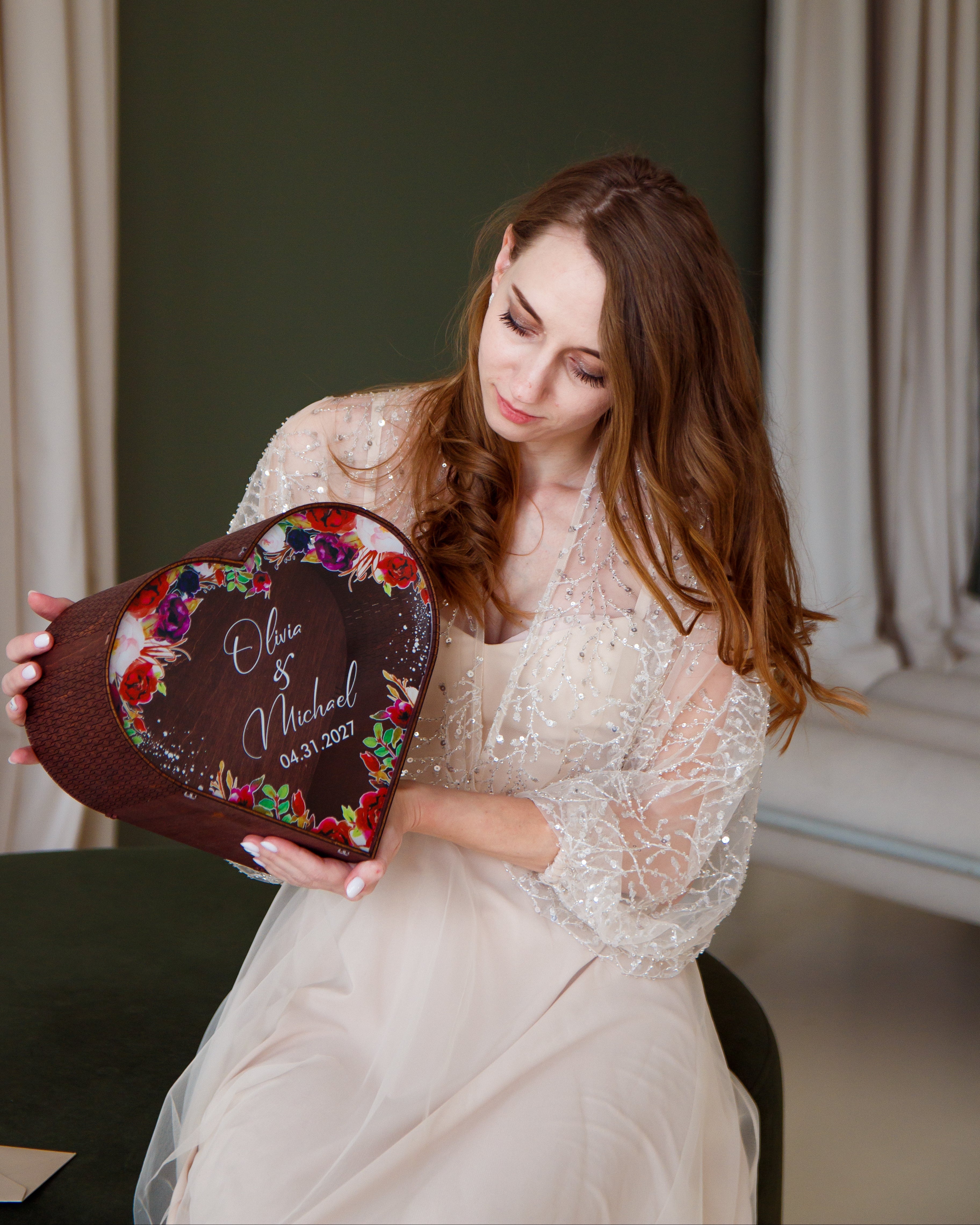 Personalized wooden heart card box for wedding gifts