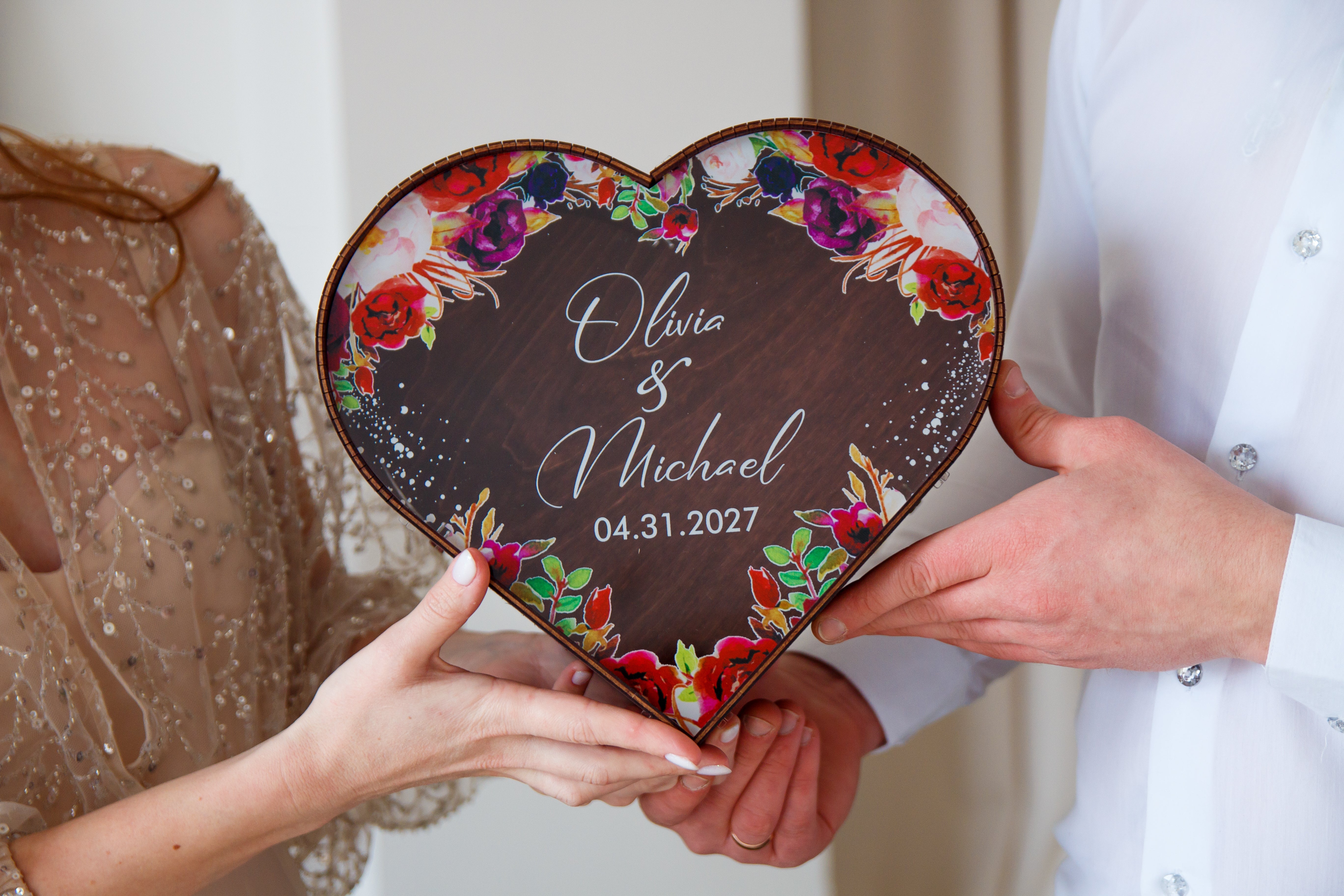 Elegant wooden heart box for wedding cards