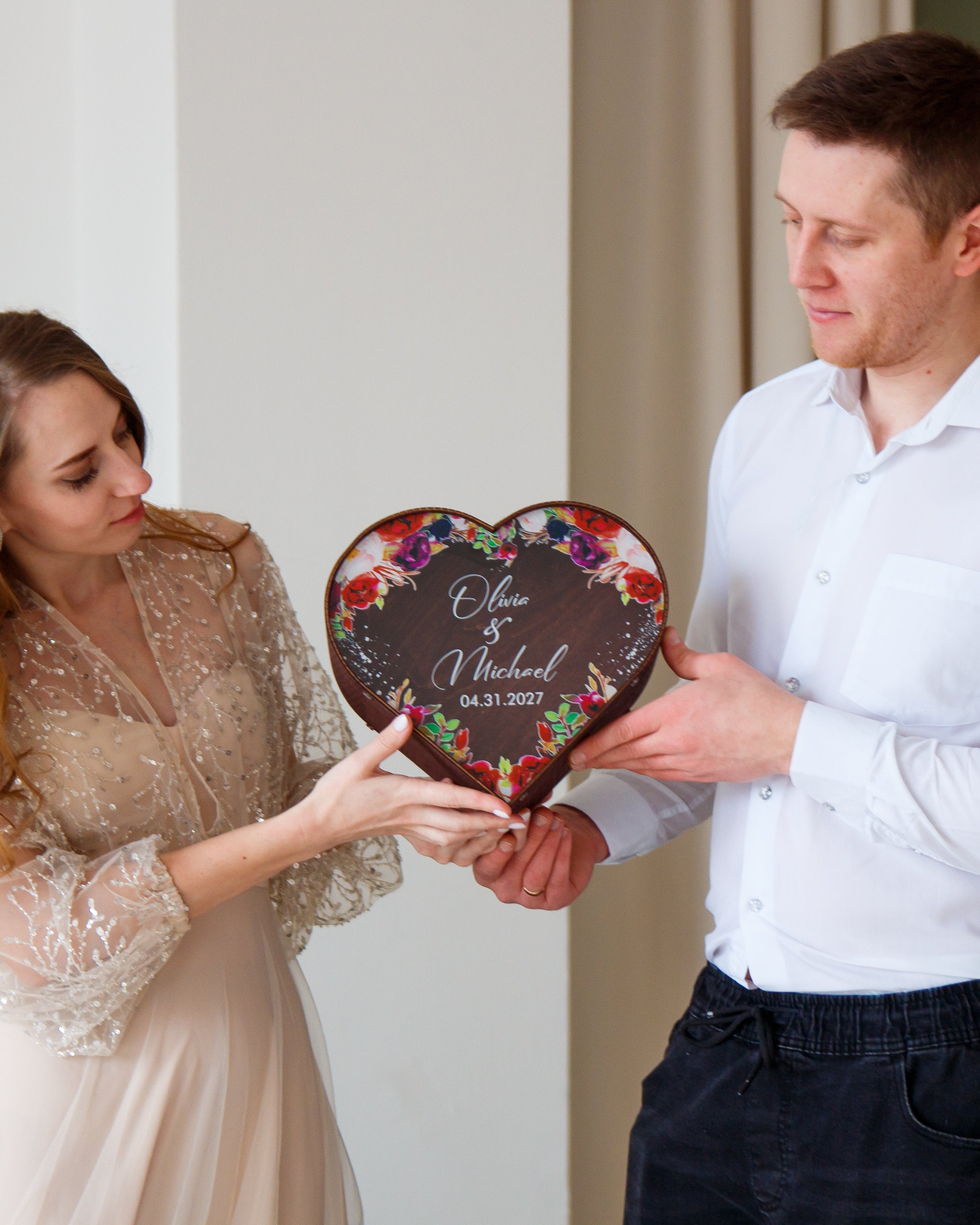 Wooden wedding card box with boho floral print
