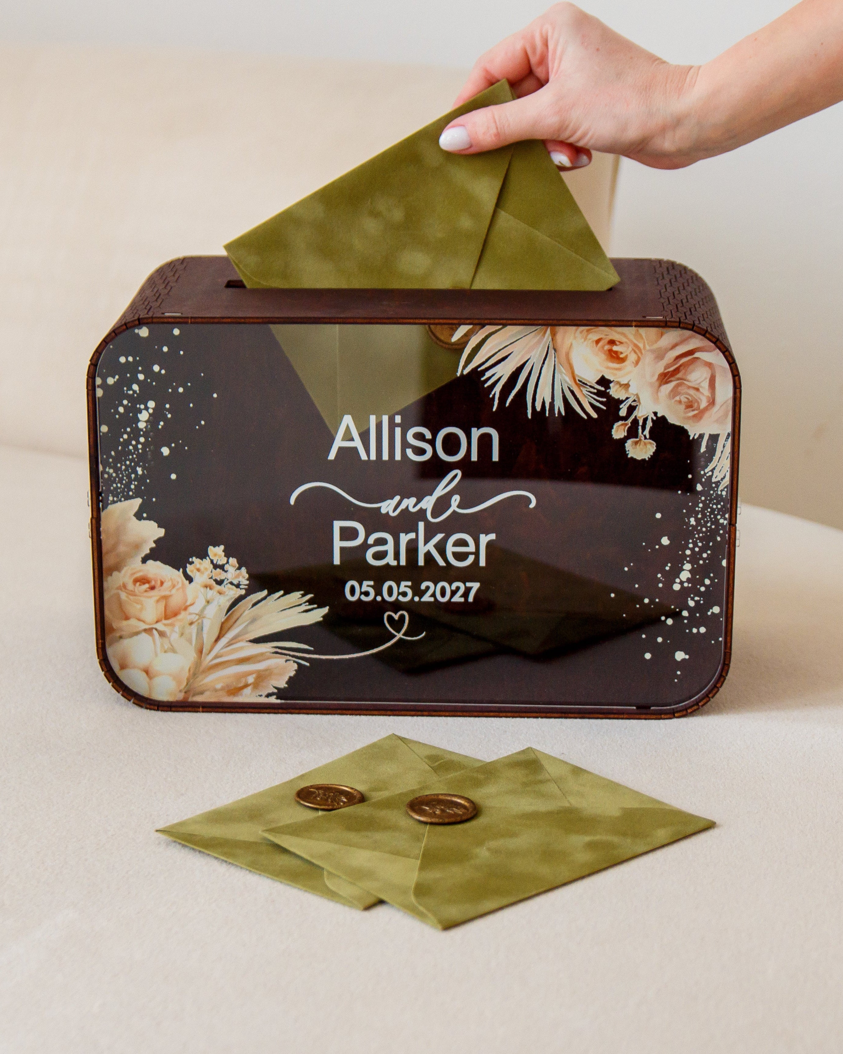 Romantic wedding card box with blush floral accents