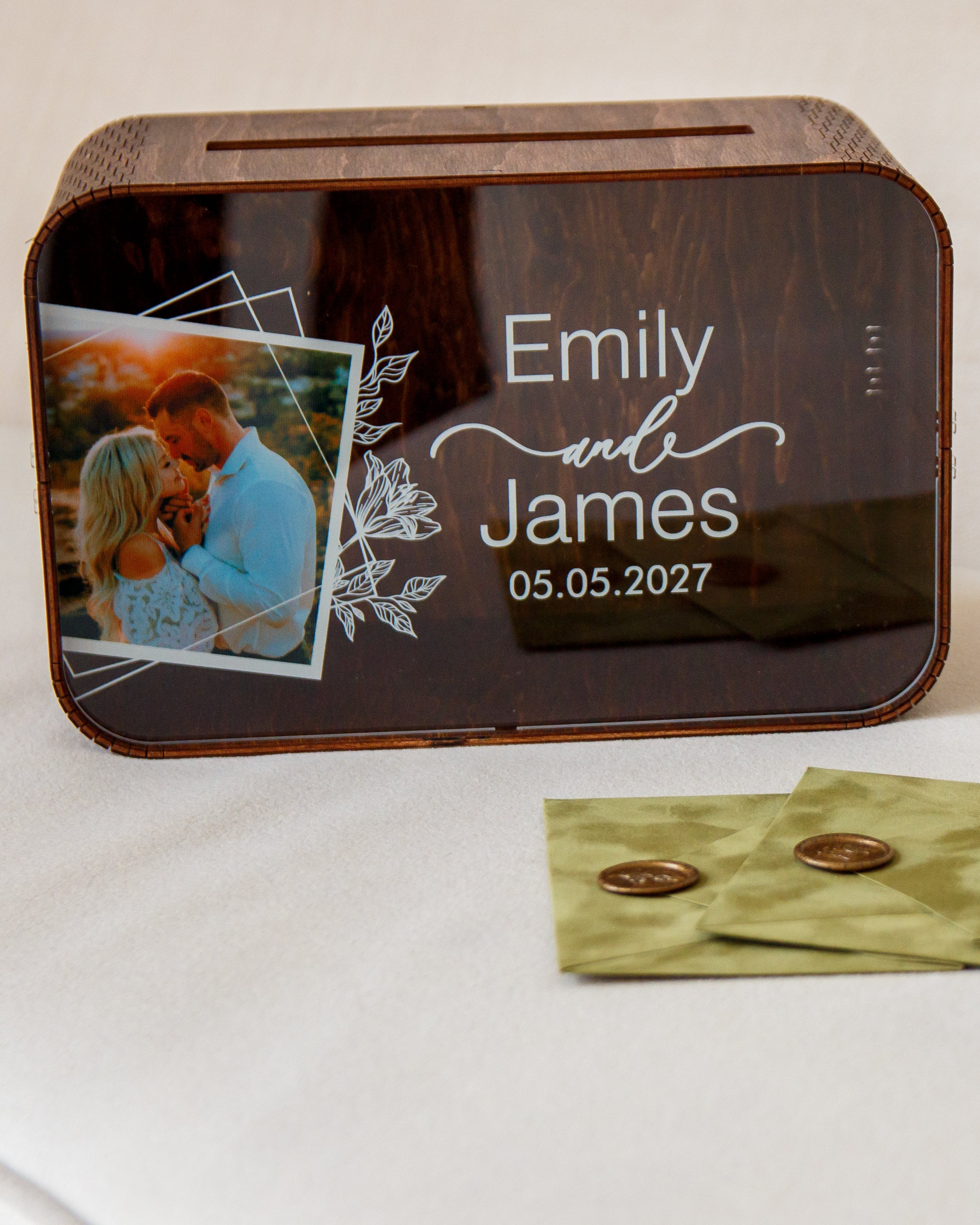 Rustic wooden card box for wedding envelopes with engraving