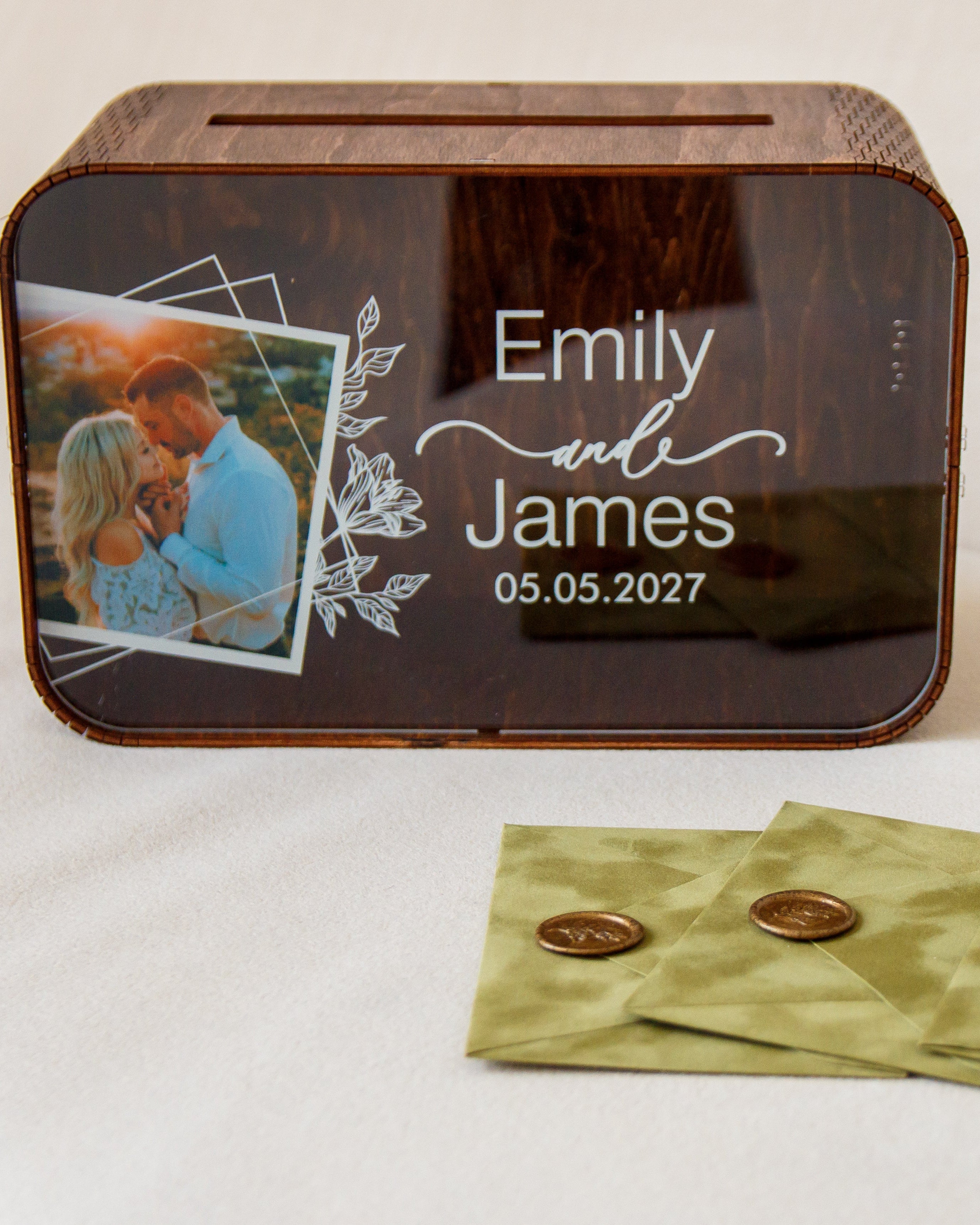 Custom wood wedding money box with couple photo