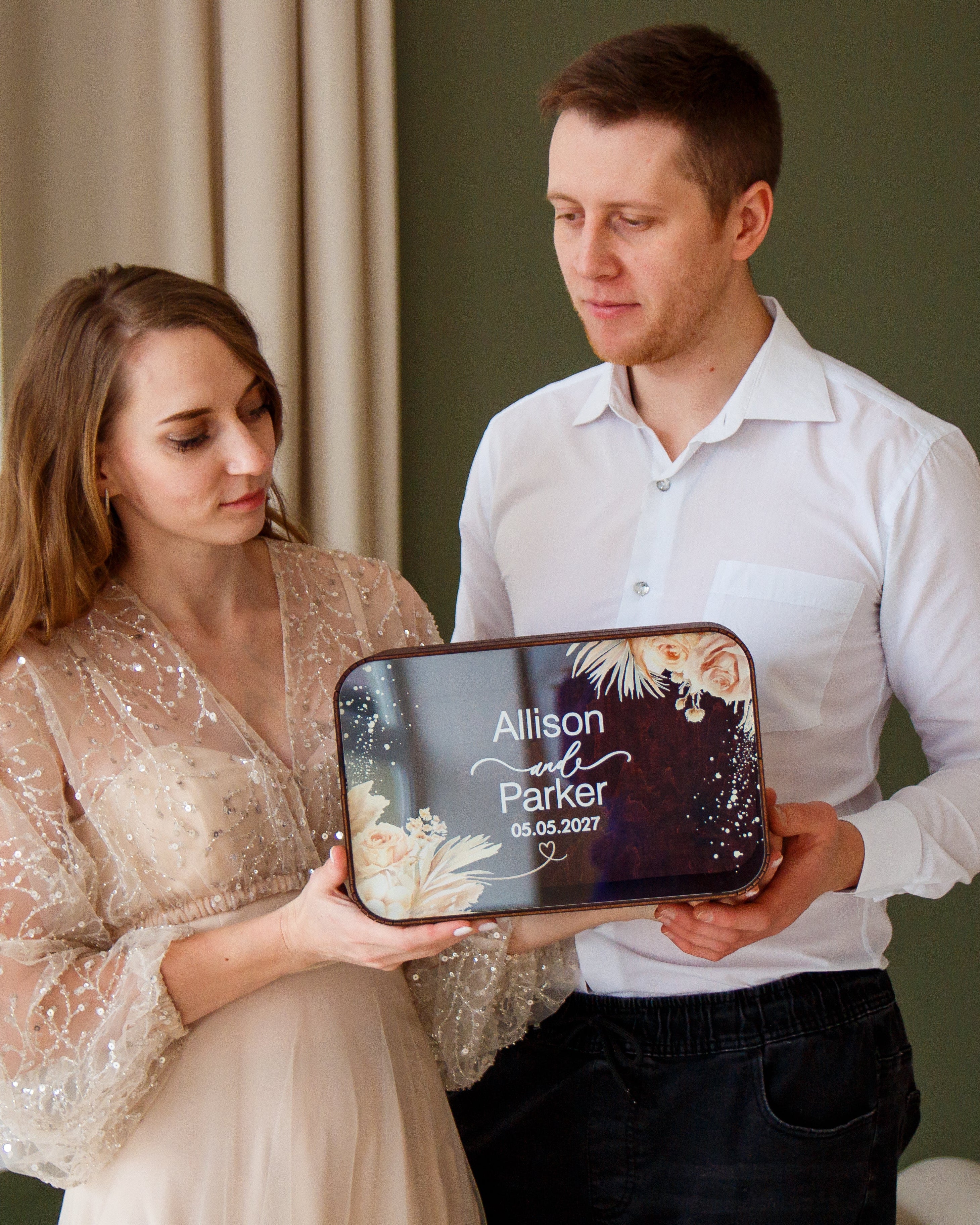 Rustic wooden wedding envelope box with names and date