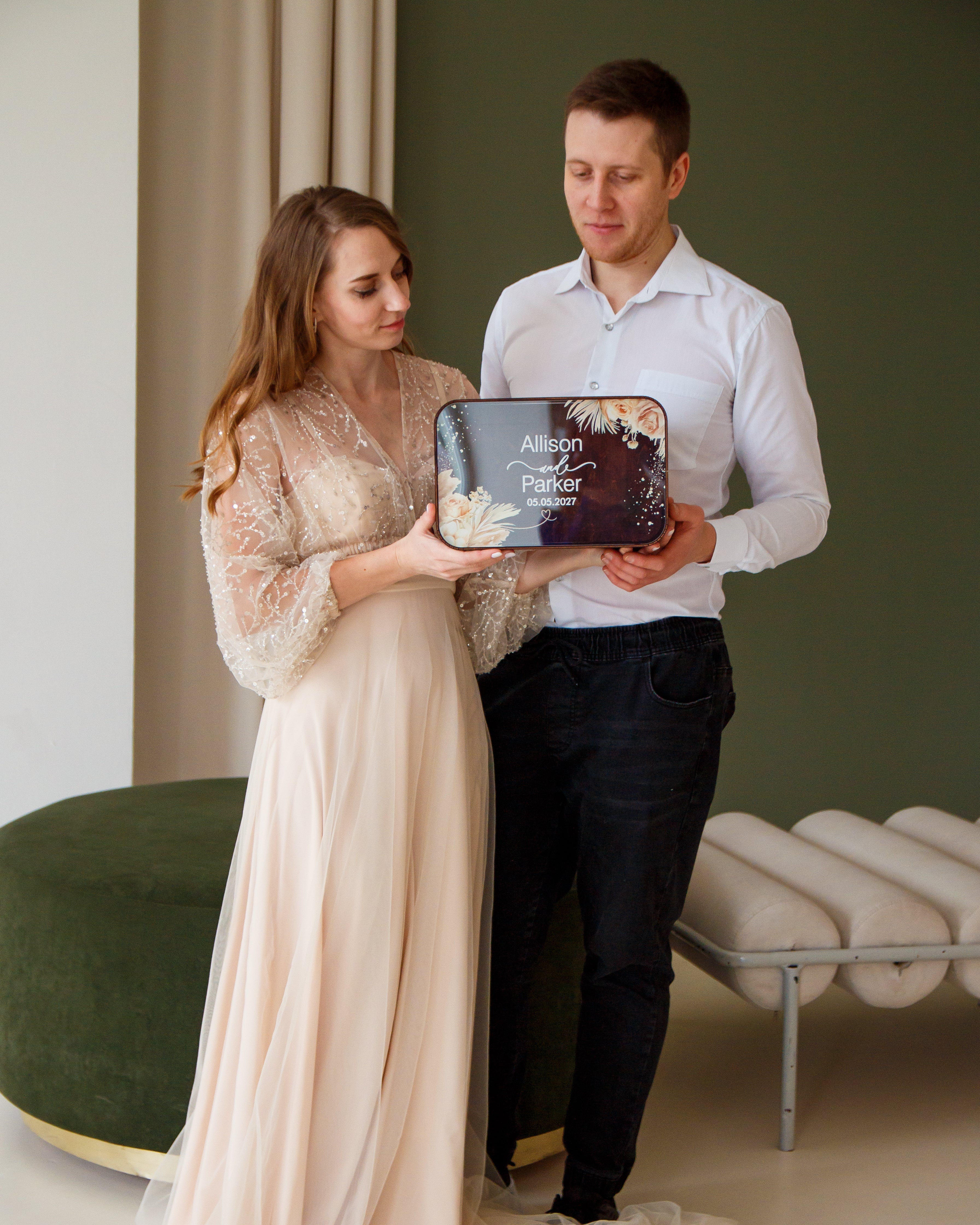 Custom wooden gift card box for wedding reception