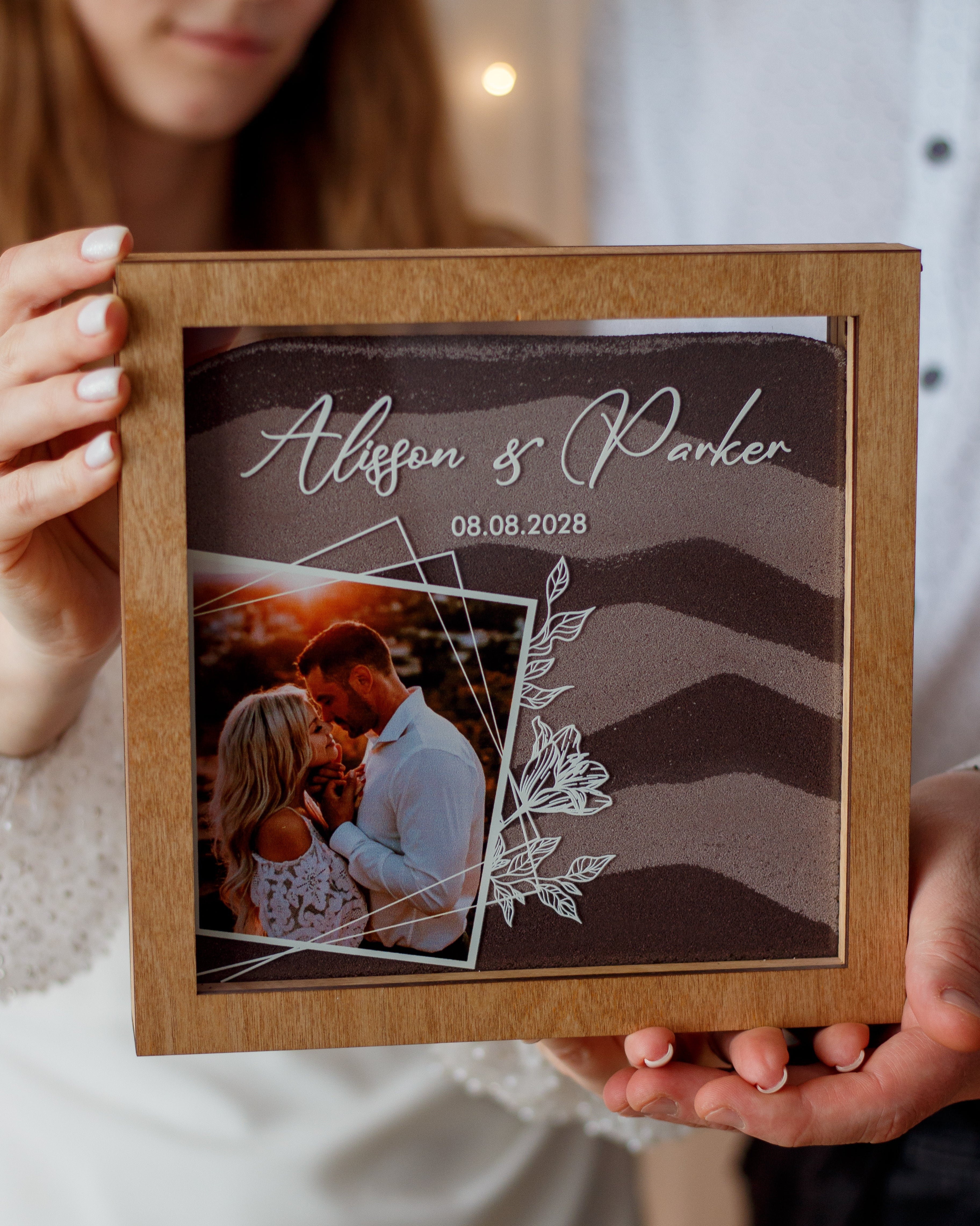 Personalized wedding sand ceremony frame with photo and names