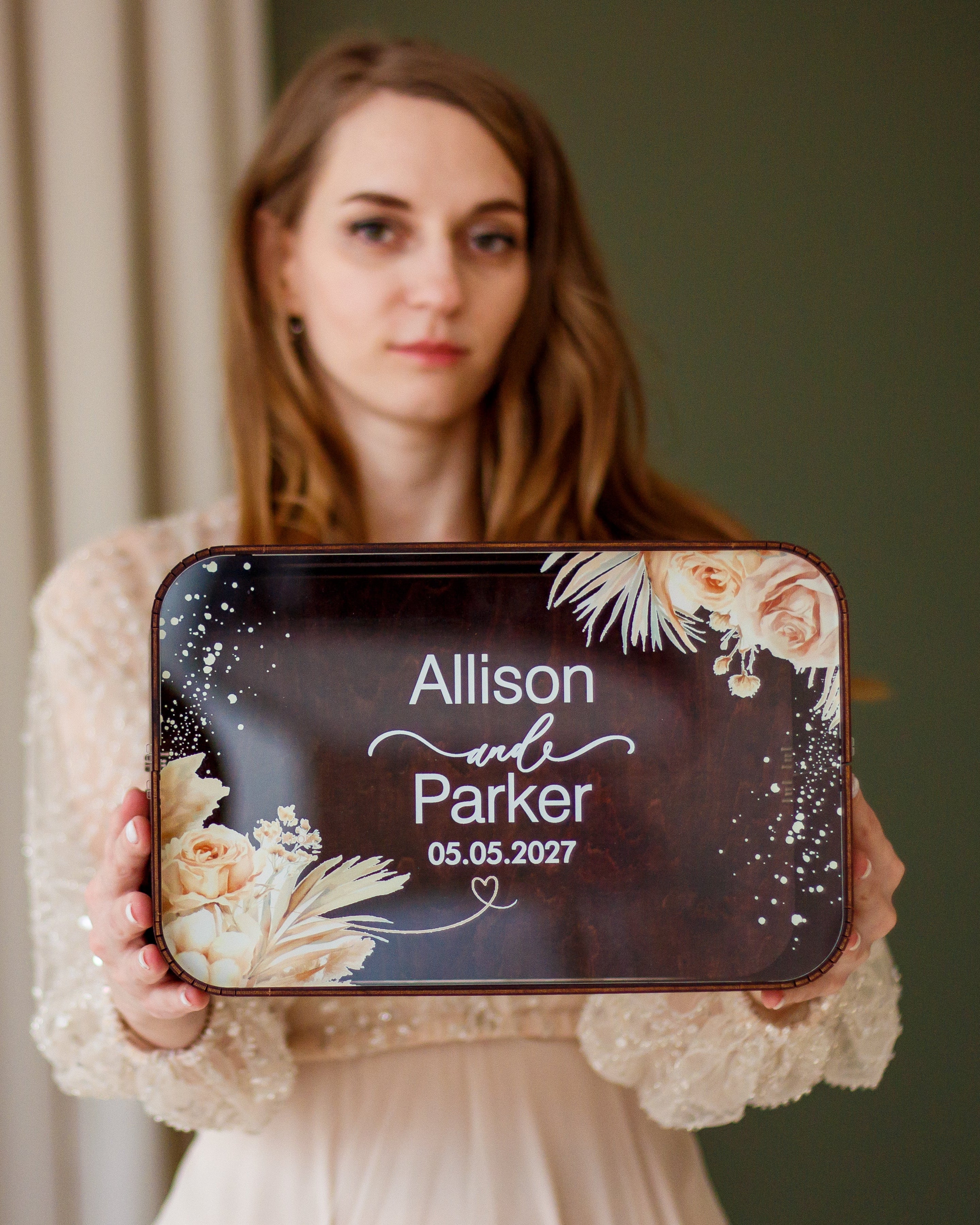 Wooden wedding gift box with transparent lid