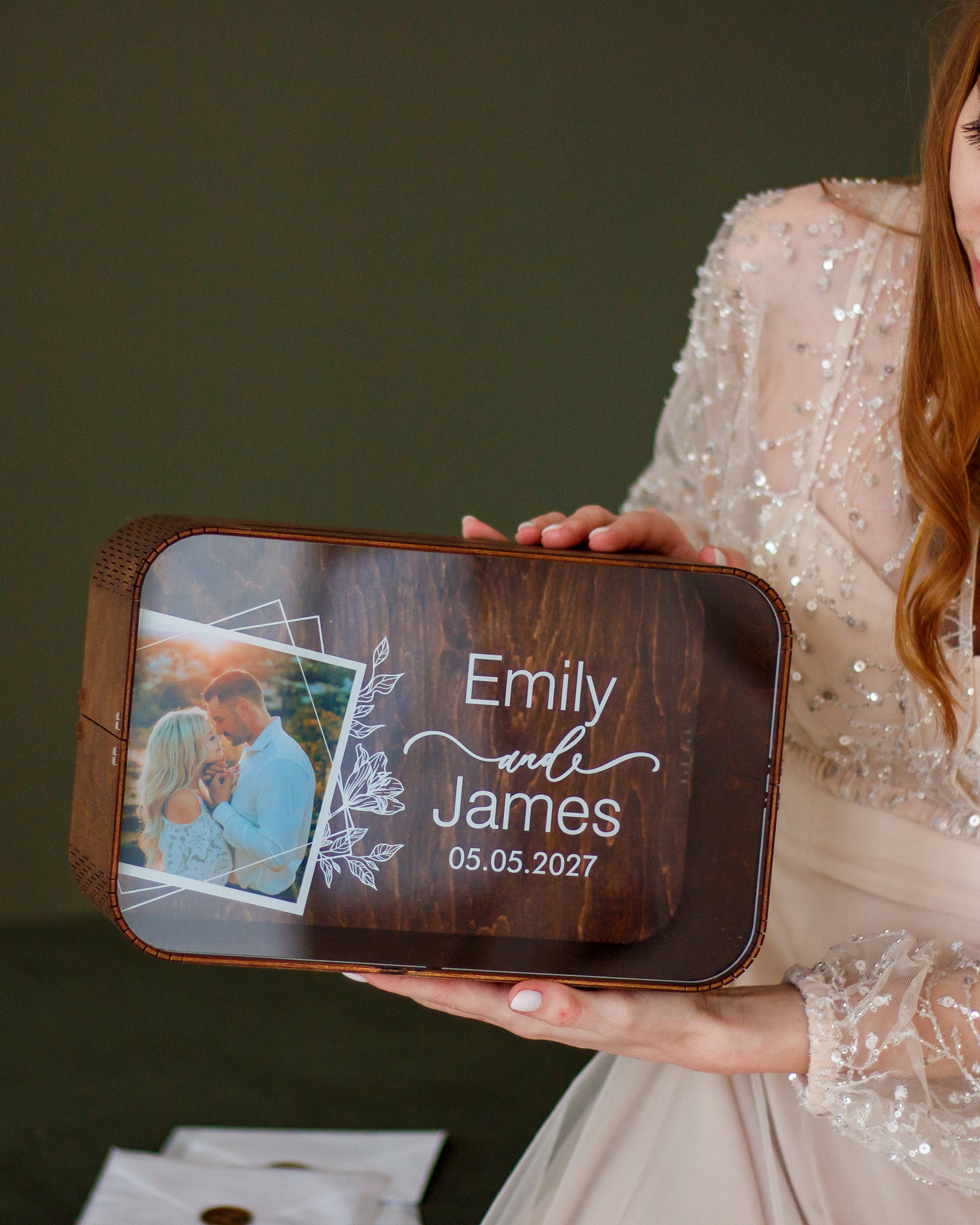Wedding envelope box made of dark stained wood