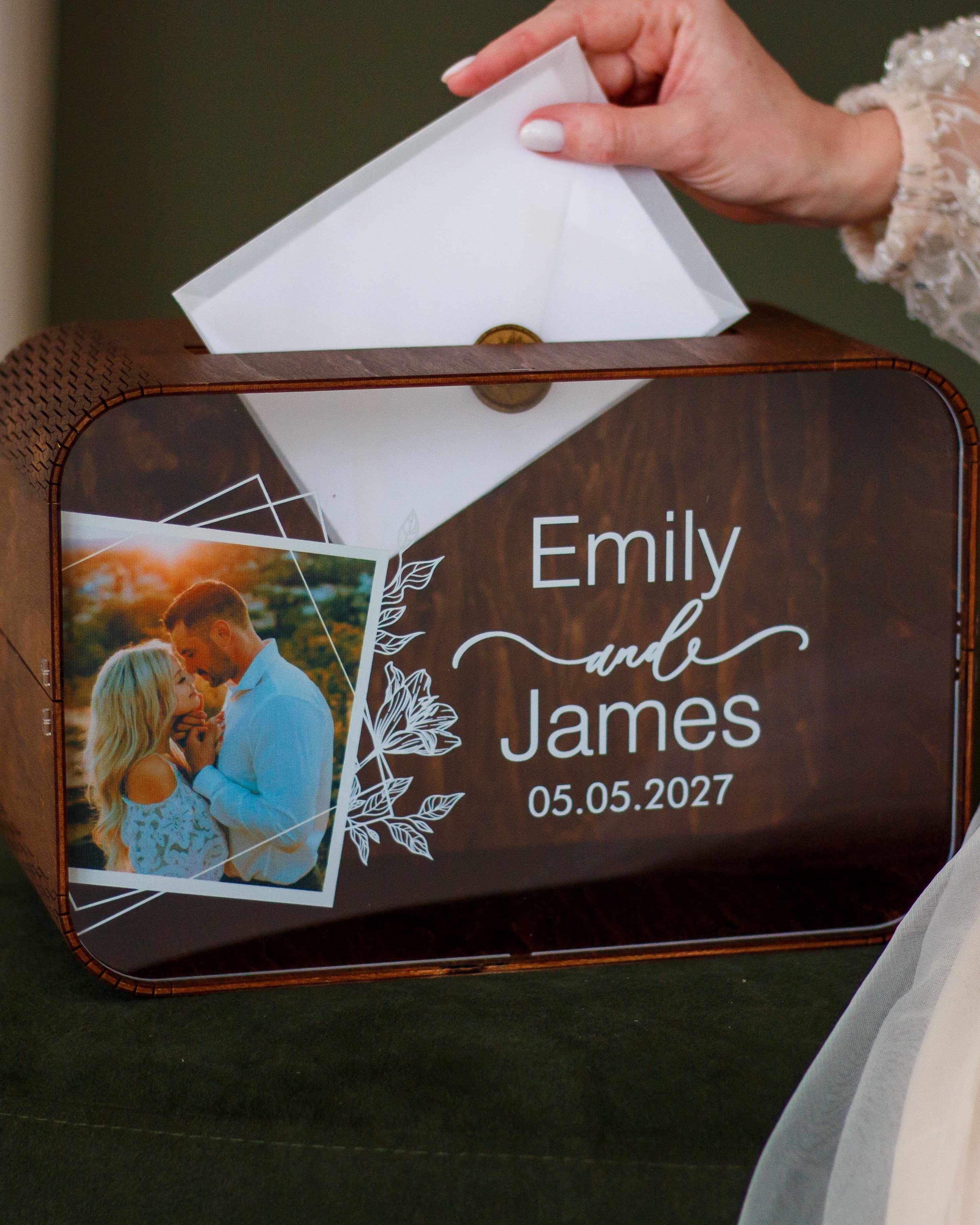 Handmade wood wedding card chest with photo print