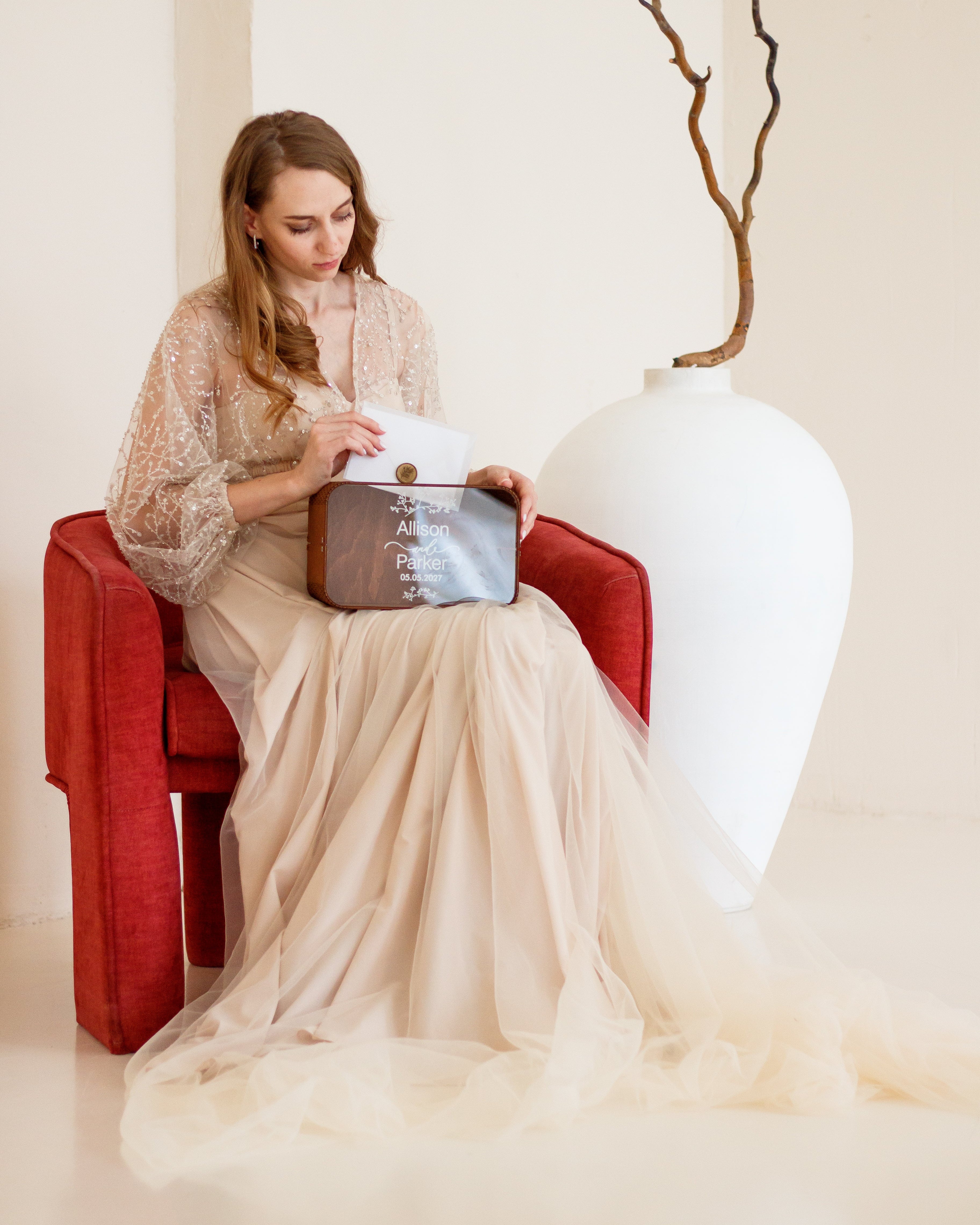 Boho style wooden card box for wedding reception