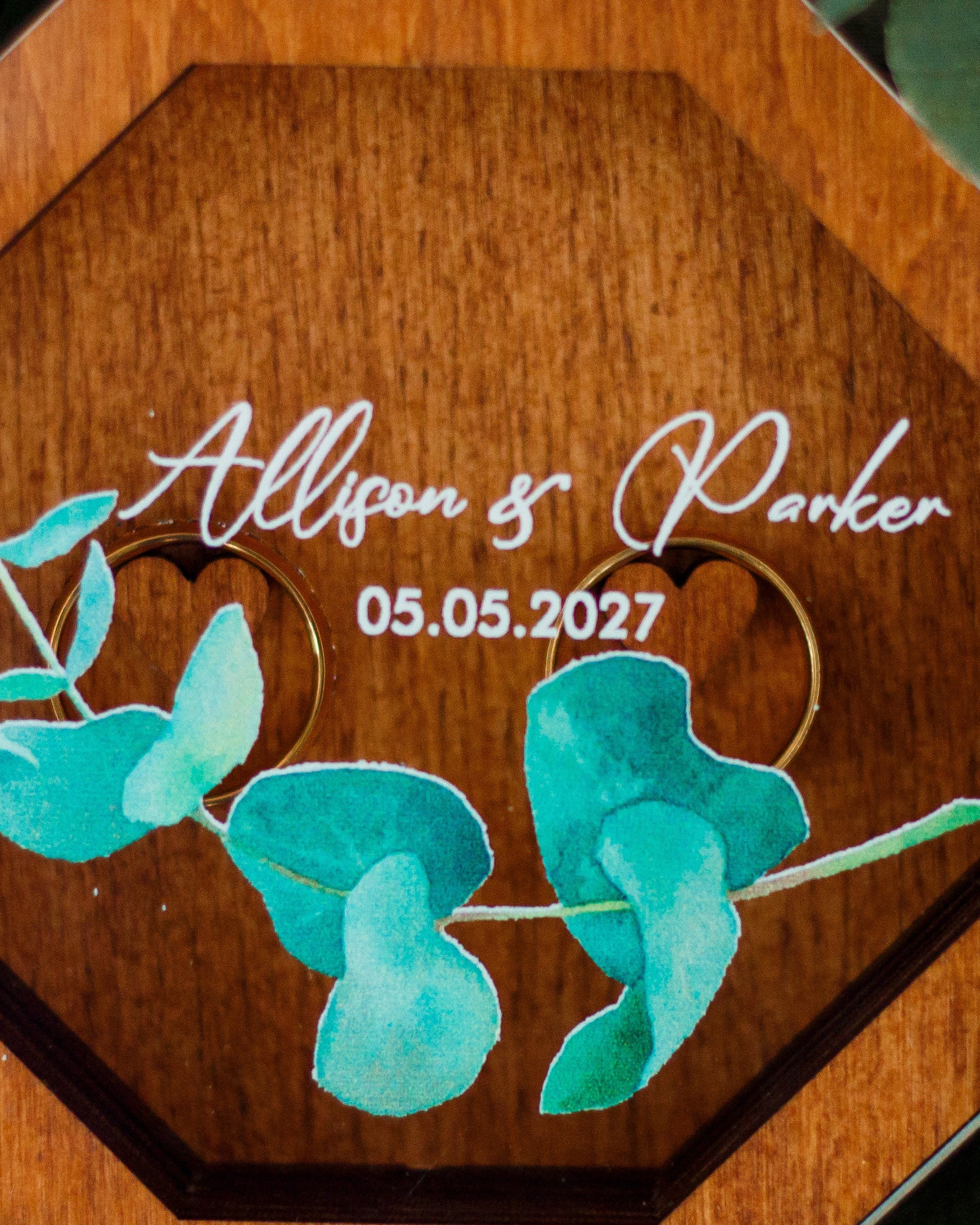 Elegant wooden engagement ring box with engraving