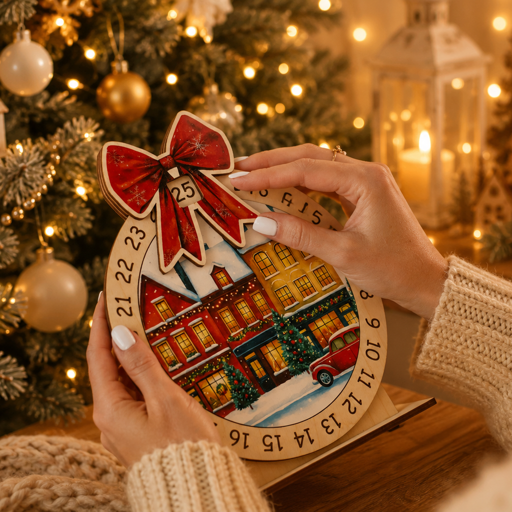 Beautiful wooden Christmas advent calendar featuring a snowy village scene and a child counting down the days until Christmas.