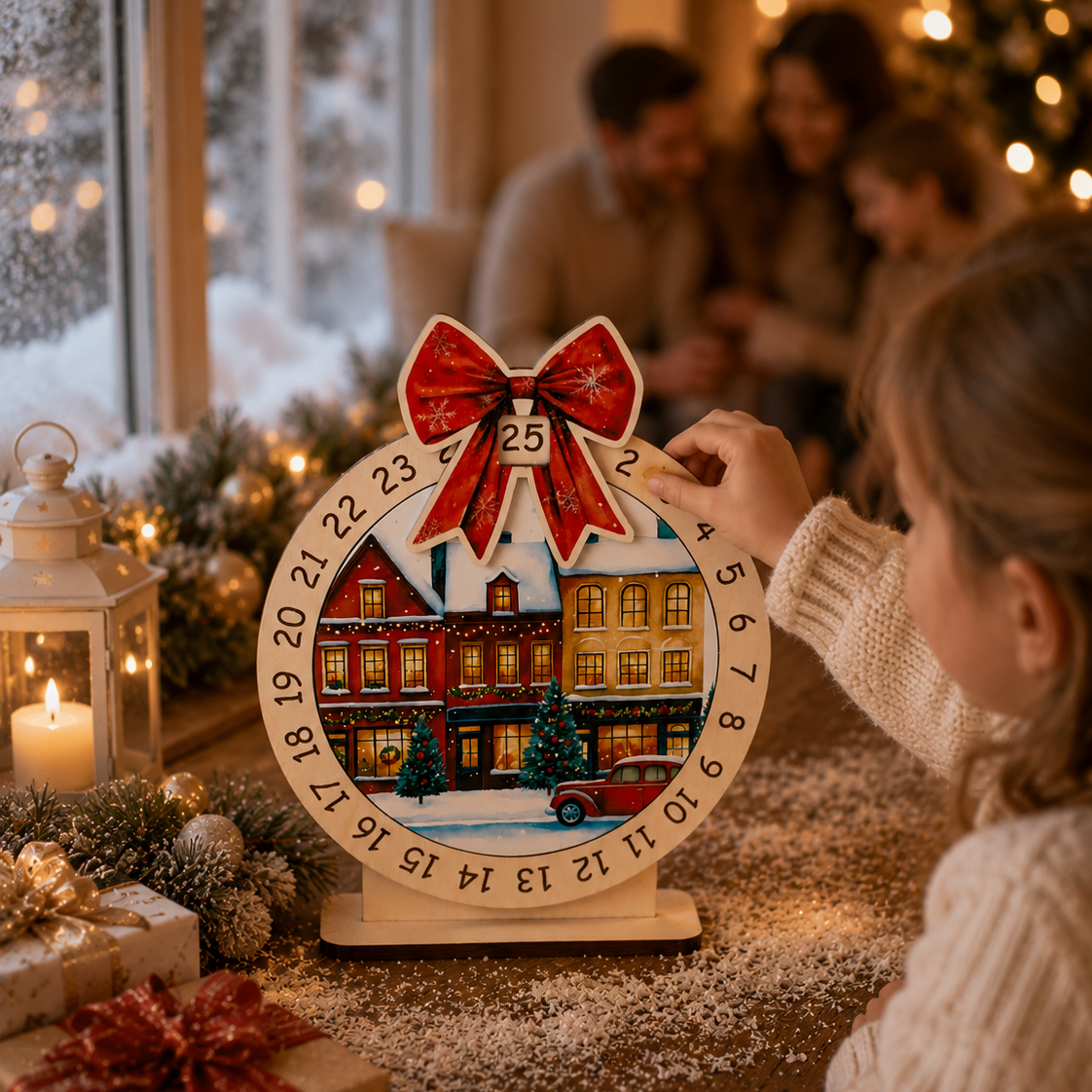 Child changing the day marker on a handcrafted wooden Christmas advent calendar with a colorful winter village and festive holiday decorations.