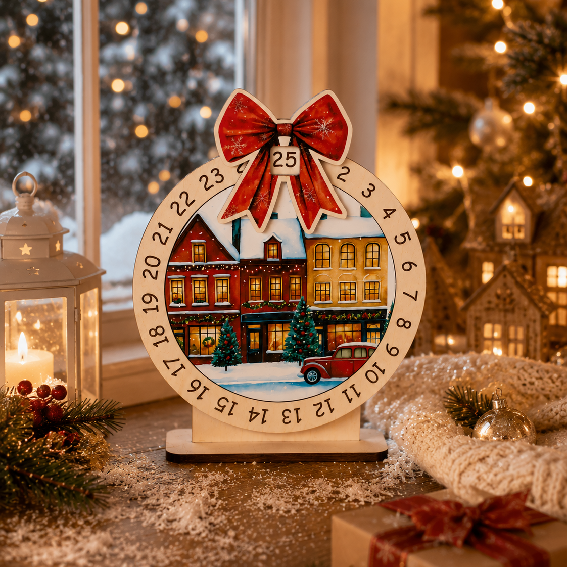 Reusable wooden Christmas countdown calendar with colorful village artwork, large red bow, and festive holiday home decor.