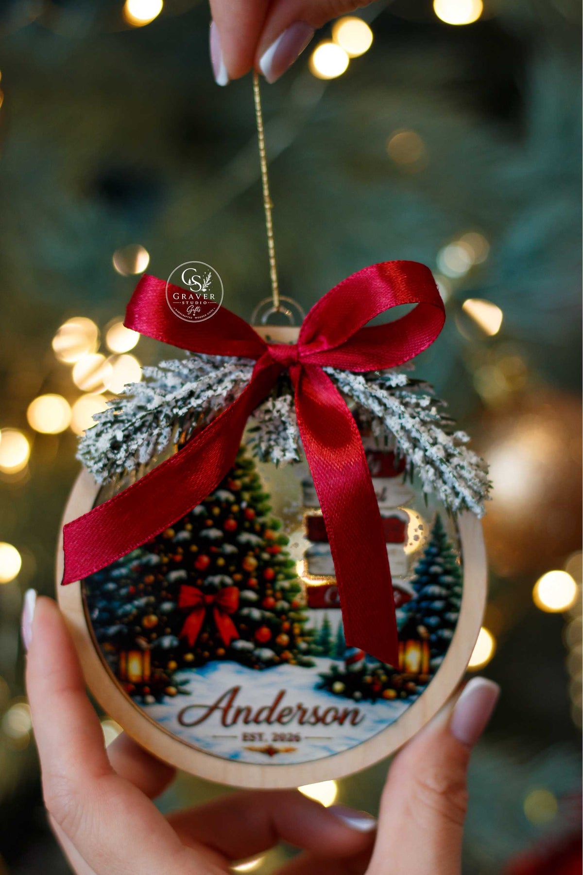 Rustic wooden Christmas ornament with nativity scene and personalized name