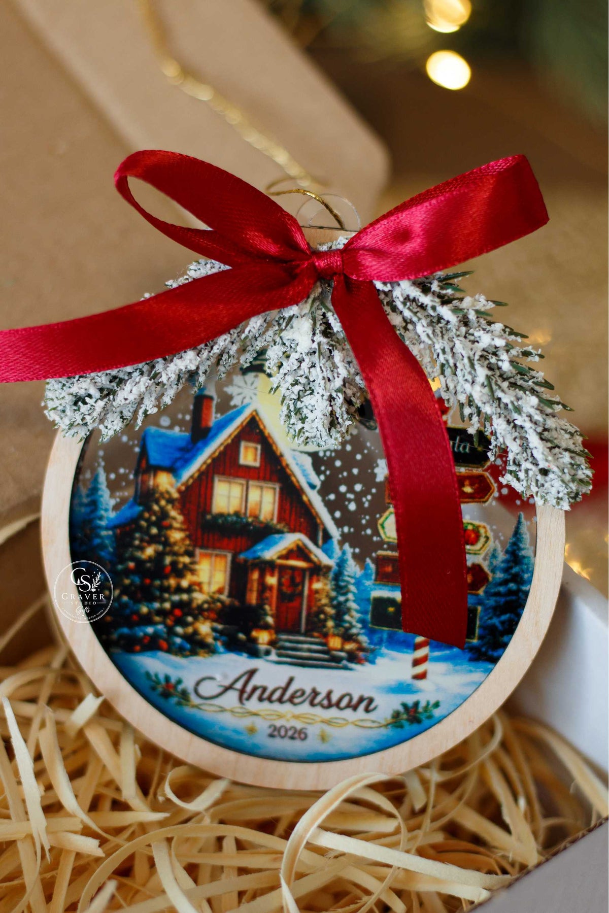 Custom wooden Christmas ornament with nativity design and red ribbon