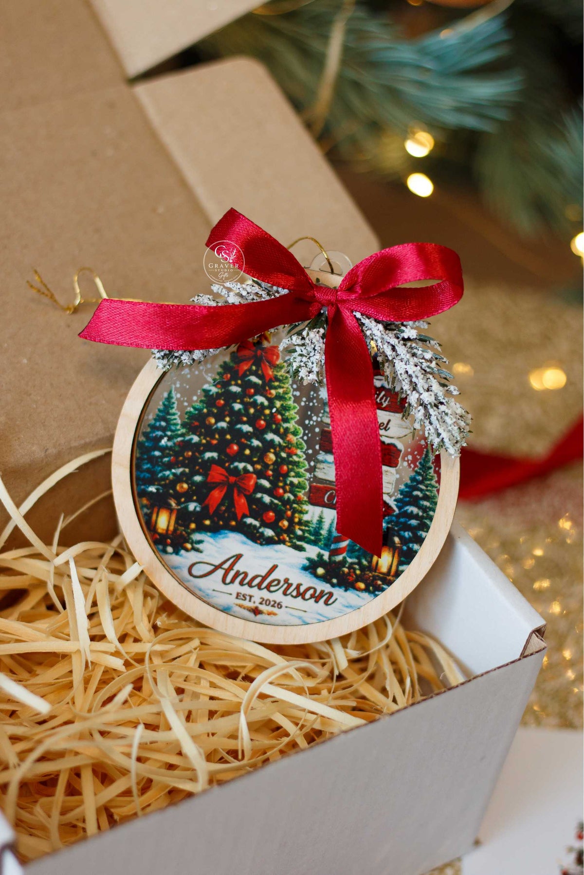 Round wooden Christmas tree ornament with custom name and nativity scene
